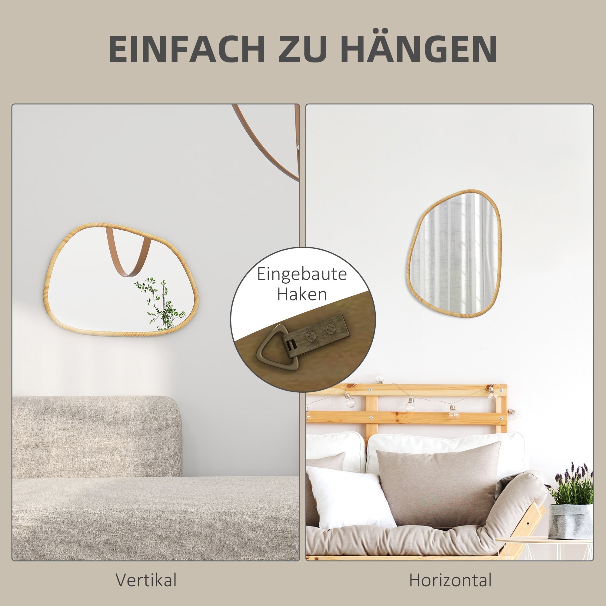 Wall Mirror Asymmetrical, Bathroom Living Room Hallway Bedroom, Wooden