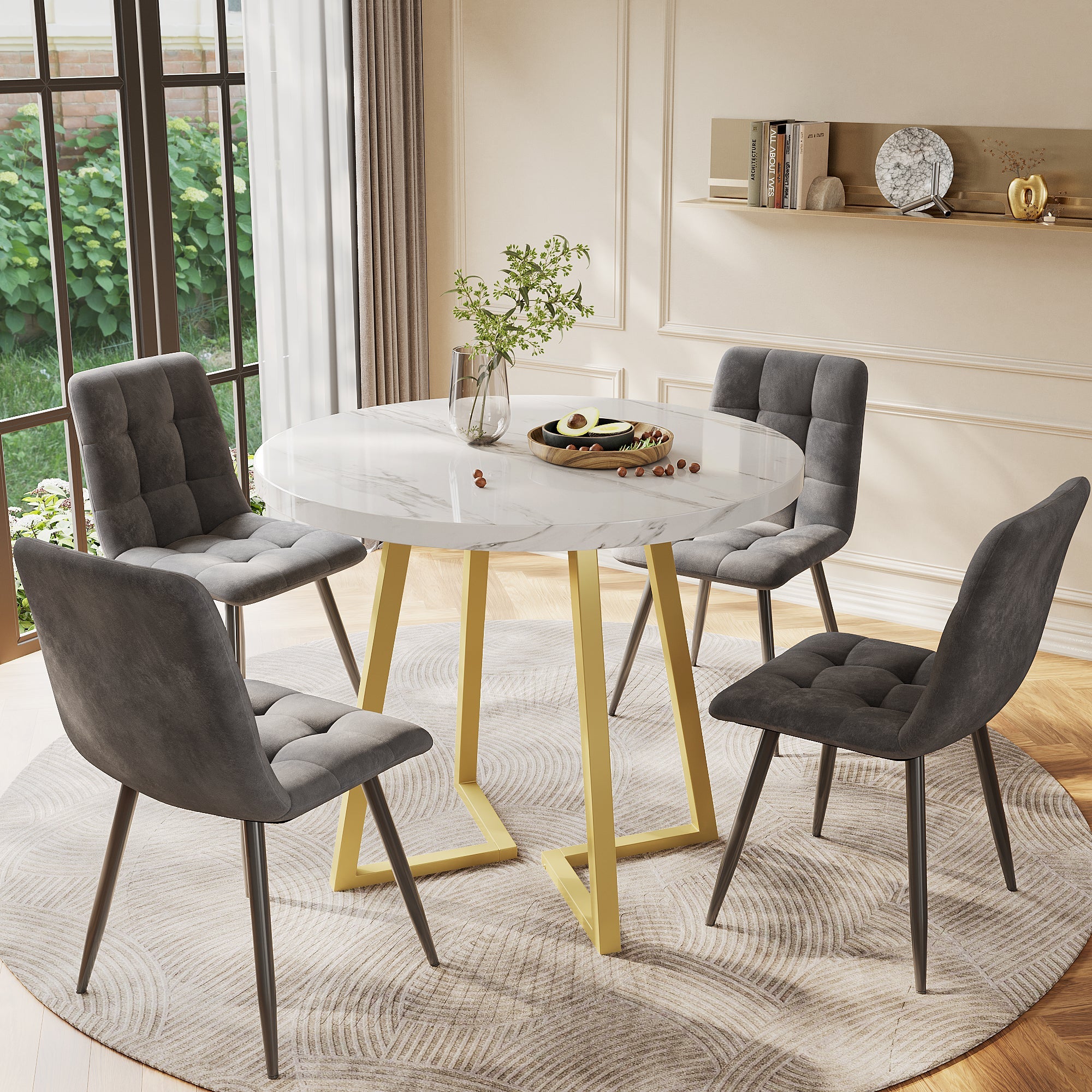 Dining Table Set Round 80cm Gold Metal Legs White MDF/Dark Grey Velvet
