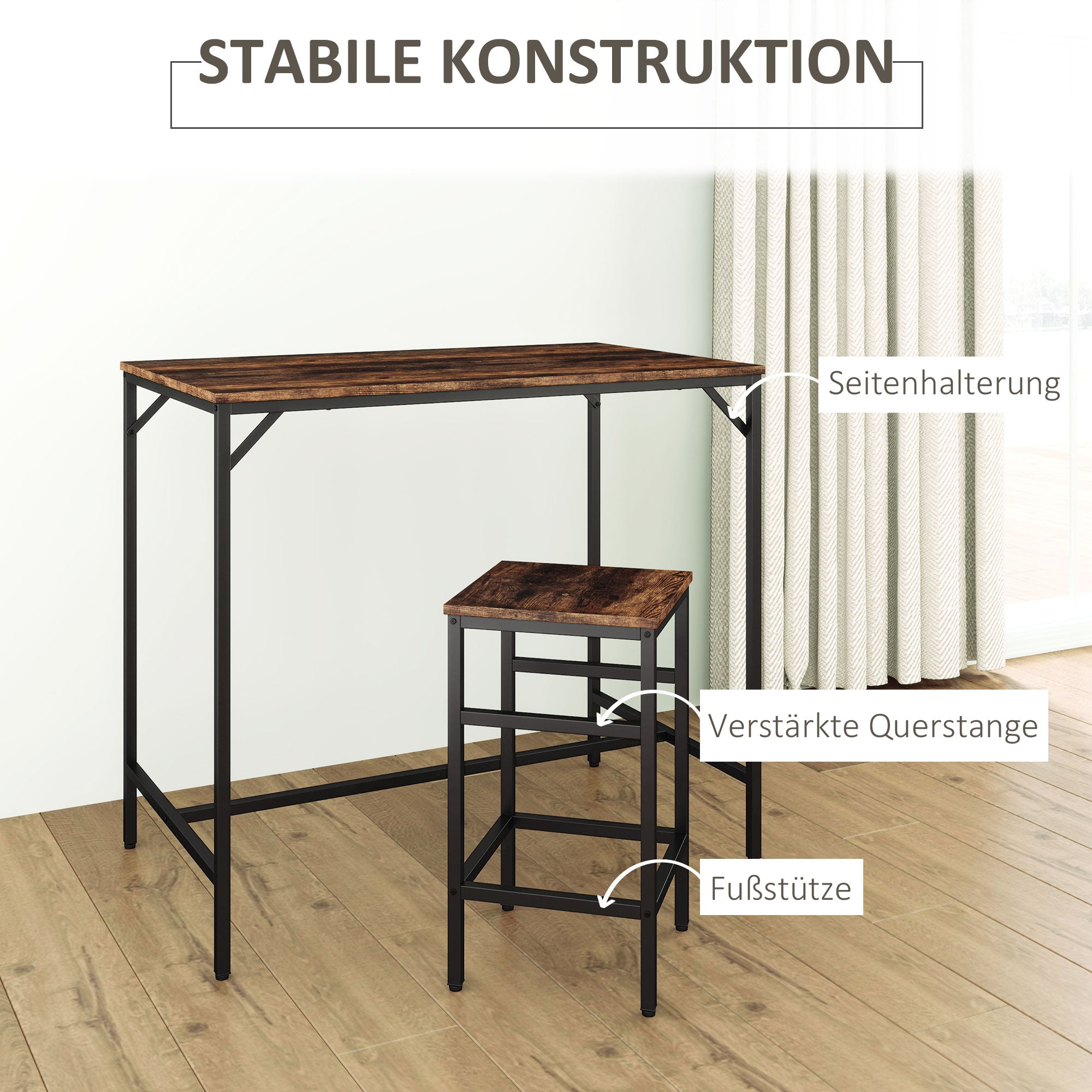 Bar Table Set, 5-Piece Standing Table with 4 Stools, Rustic Brown/Black Chipboard/Steel