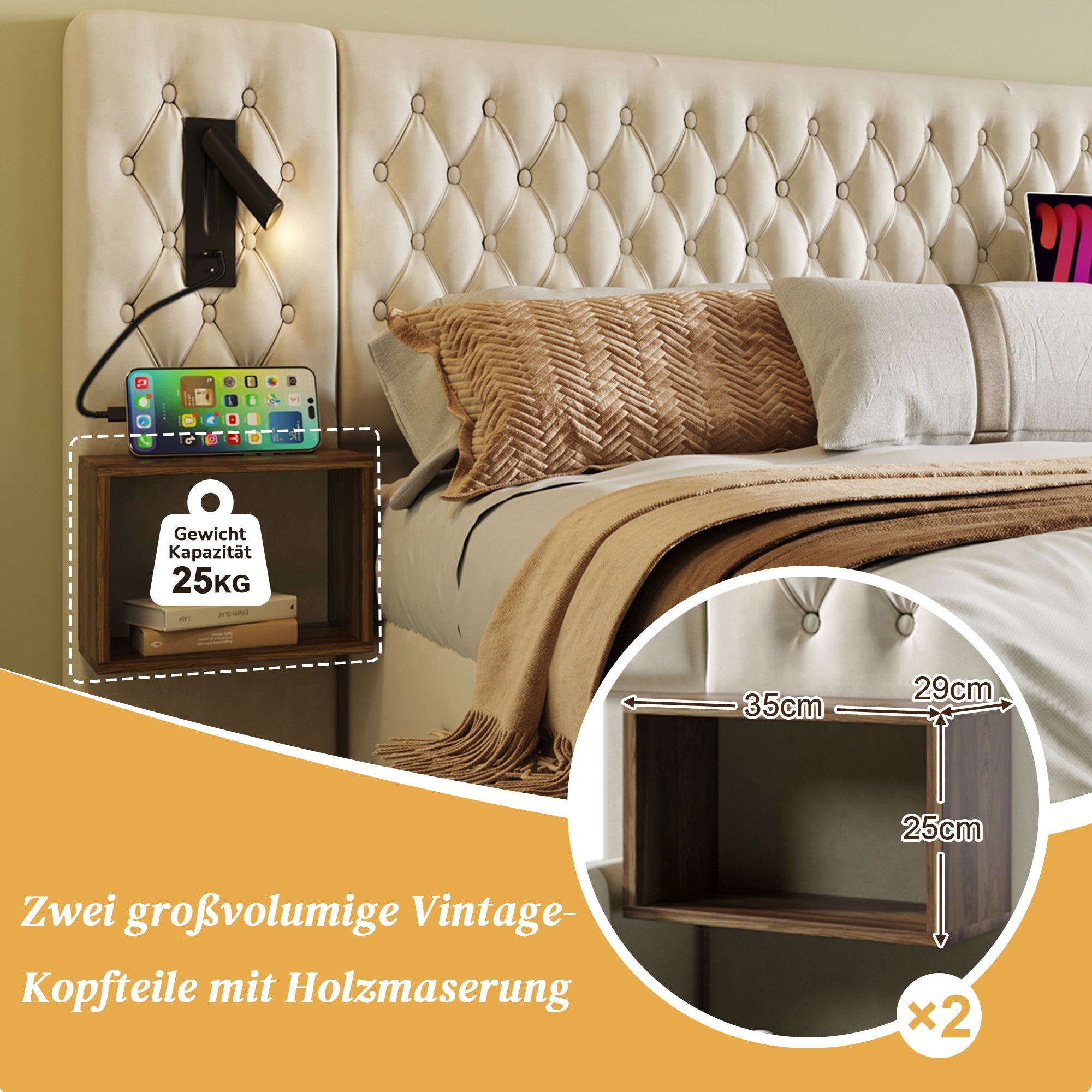 Complete Bedroom Bed Set with 180x200cm Double Bed, 2 Bedside Tables, 4 Drawers and USB Reading Light, Beige Velvet