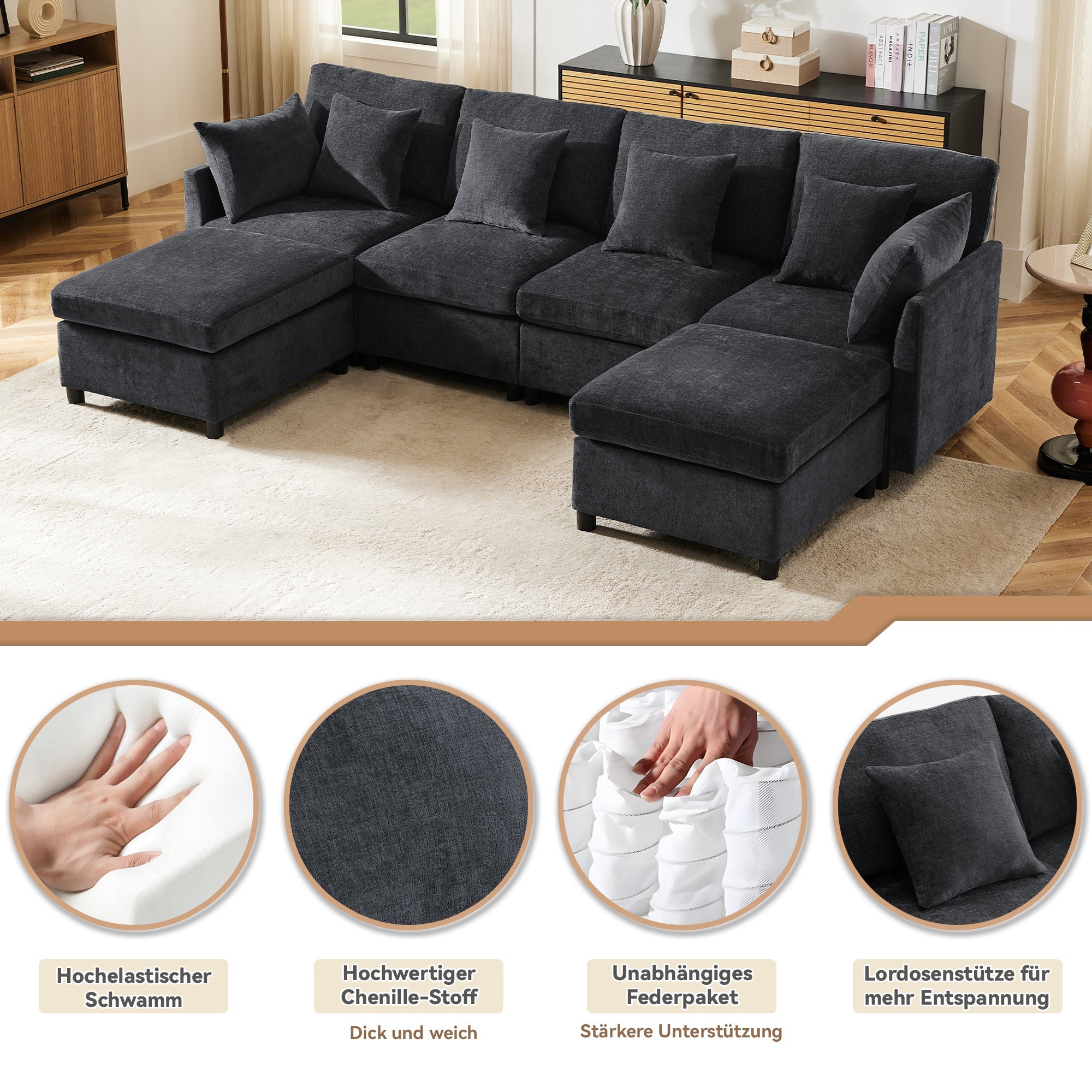 Modern Modular Chenille Sofa L-Shaped U-Shaped Detachable Footstool, Chenille Fabric