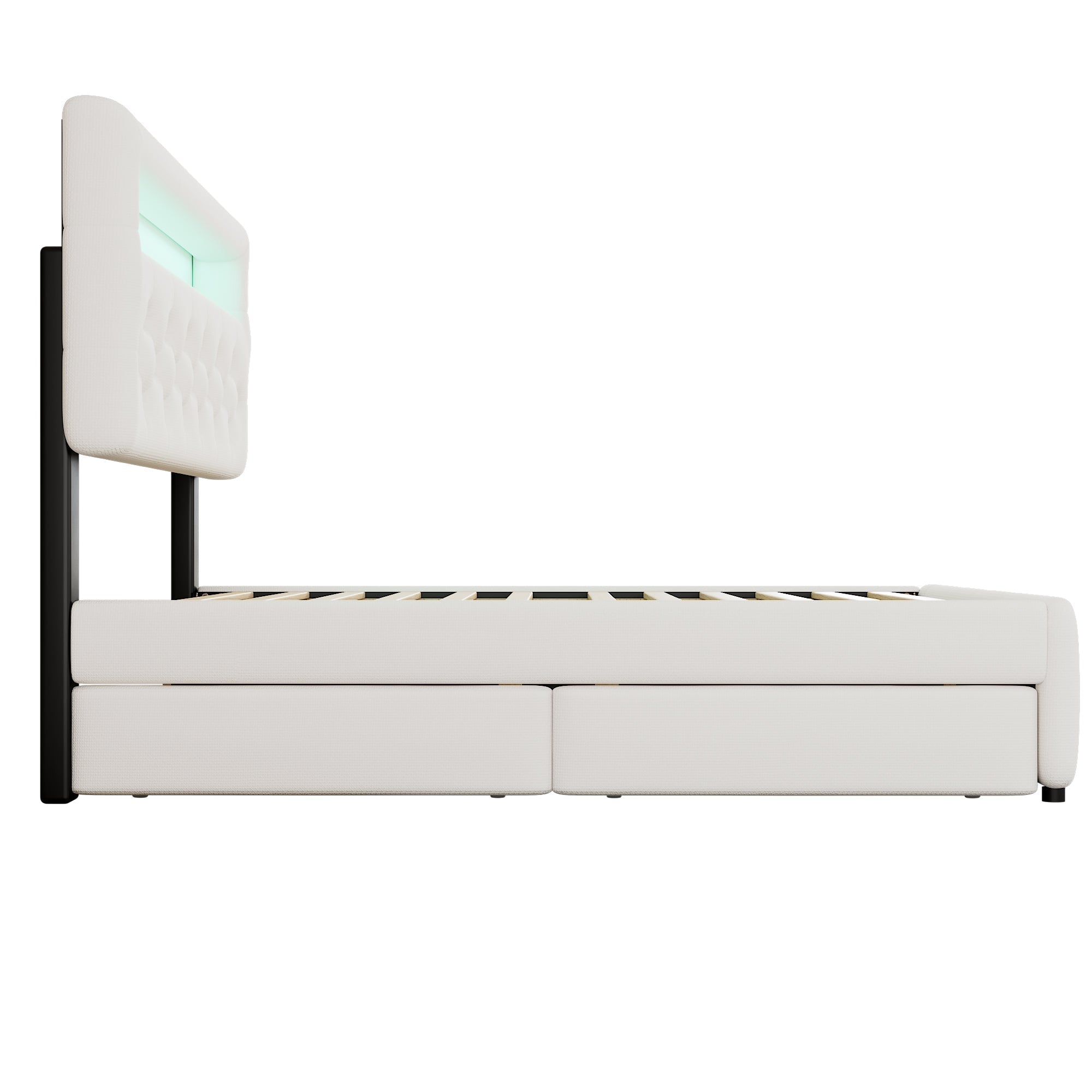 Upholstered Bed 140x200cm Pull-out Bed 2 Drawers Bedside Light Strip - White