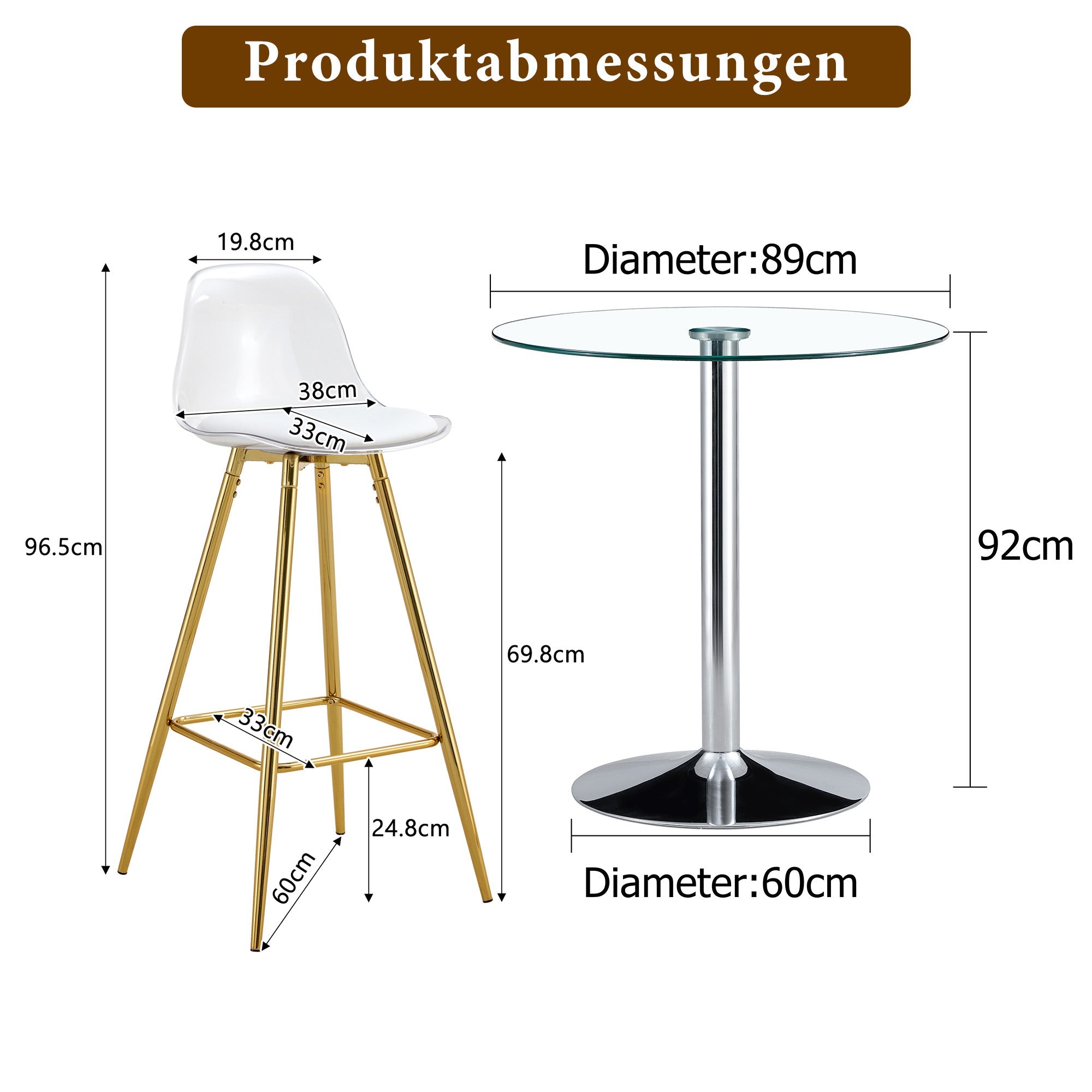 Bar Set Round Glass Table 89cm & 2 Stools Gold Legs