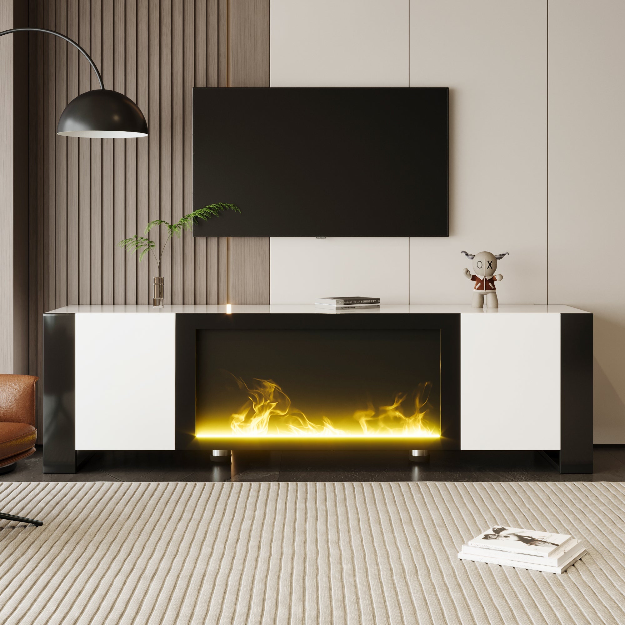 TV Cabinet, Lowboard Electric Fireplace High Gloss, White and Black