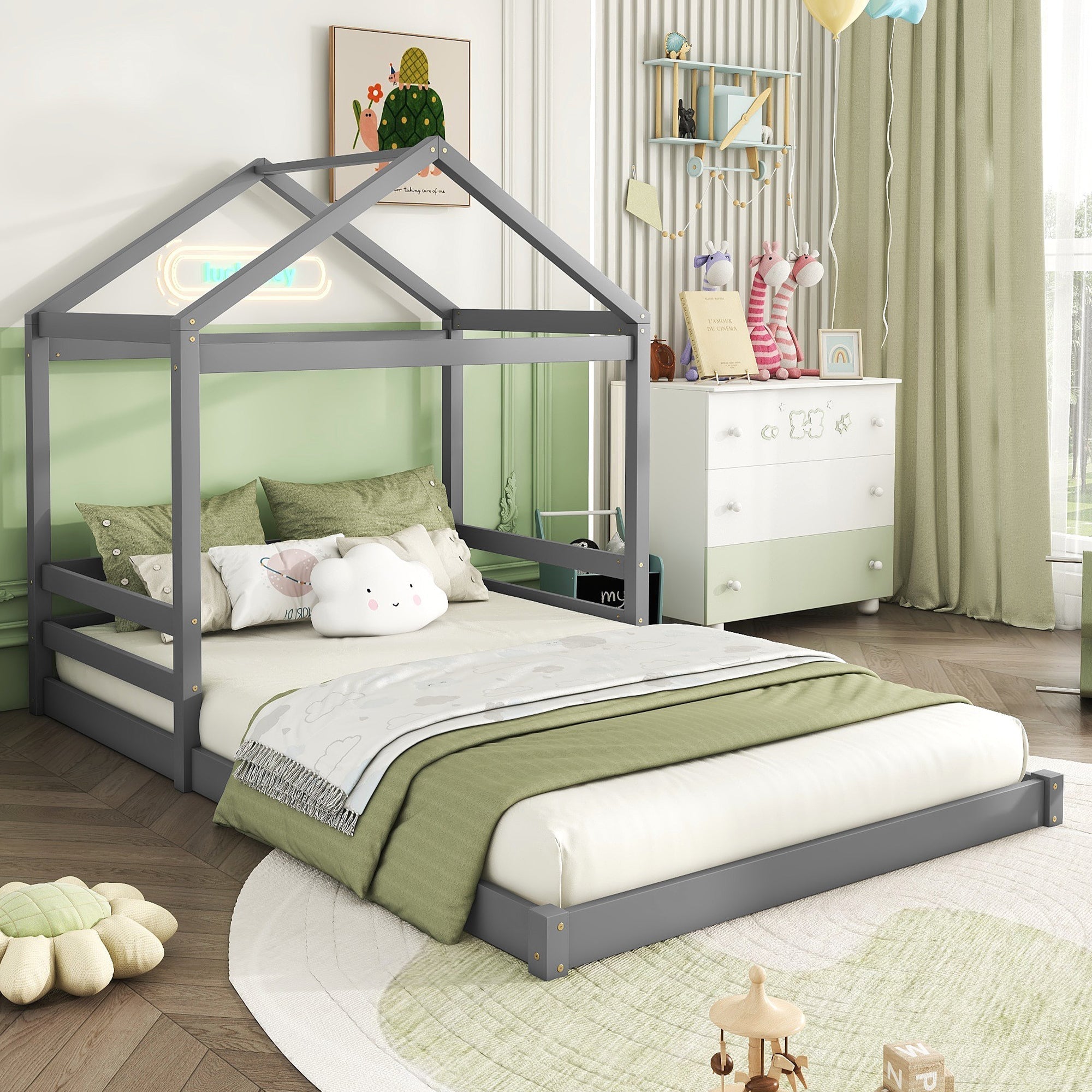 House Bed 140x200cm House Shape Slatted Base - Pine Wood Grey