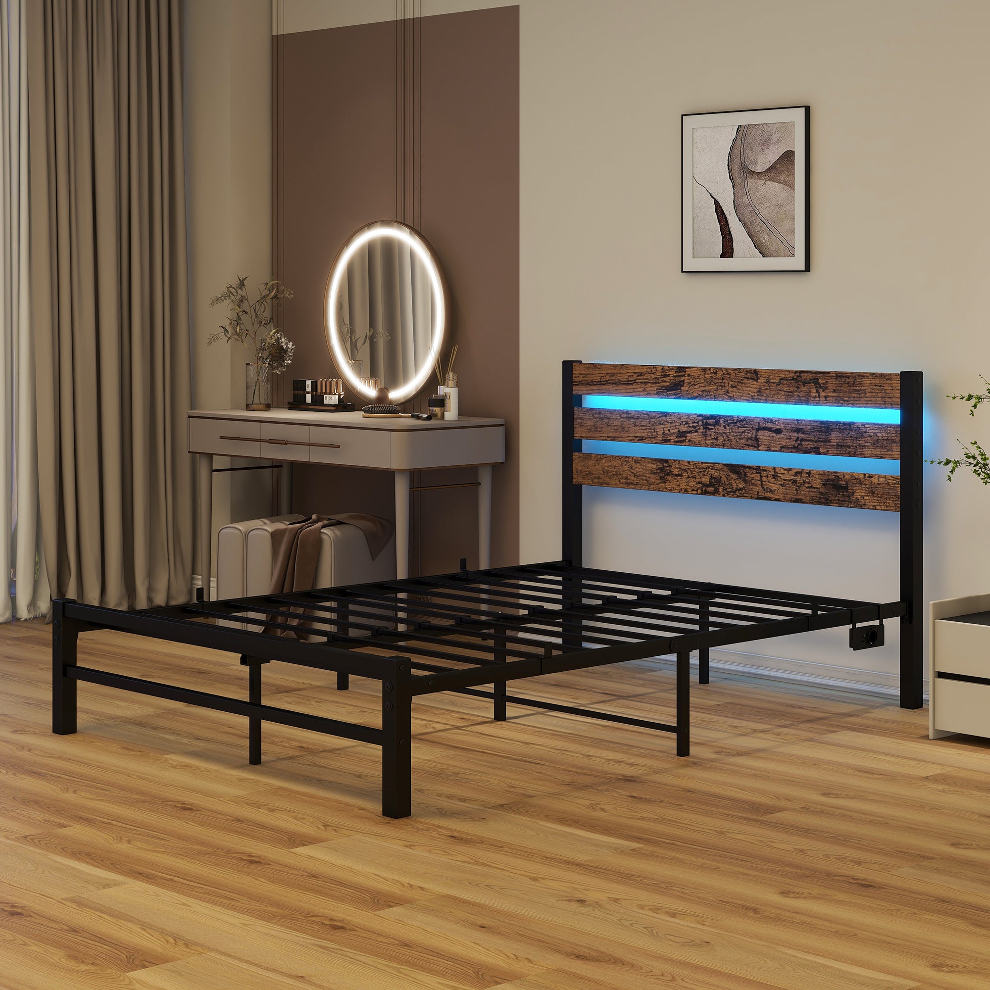 Bed Frame with Headboard, 120x200cm, USB Charging Station & LED, Metal
