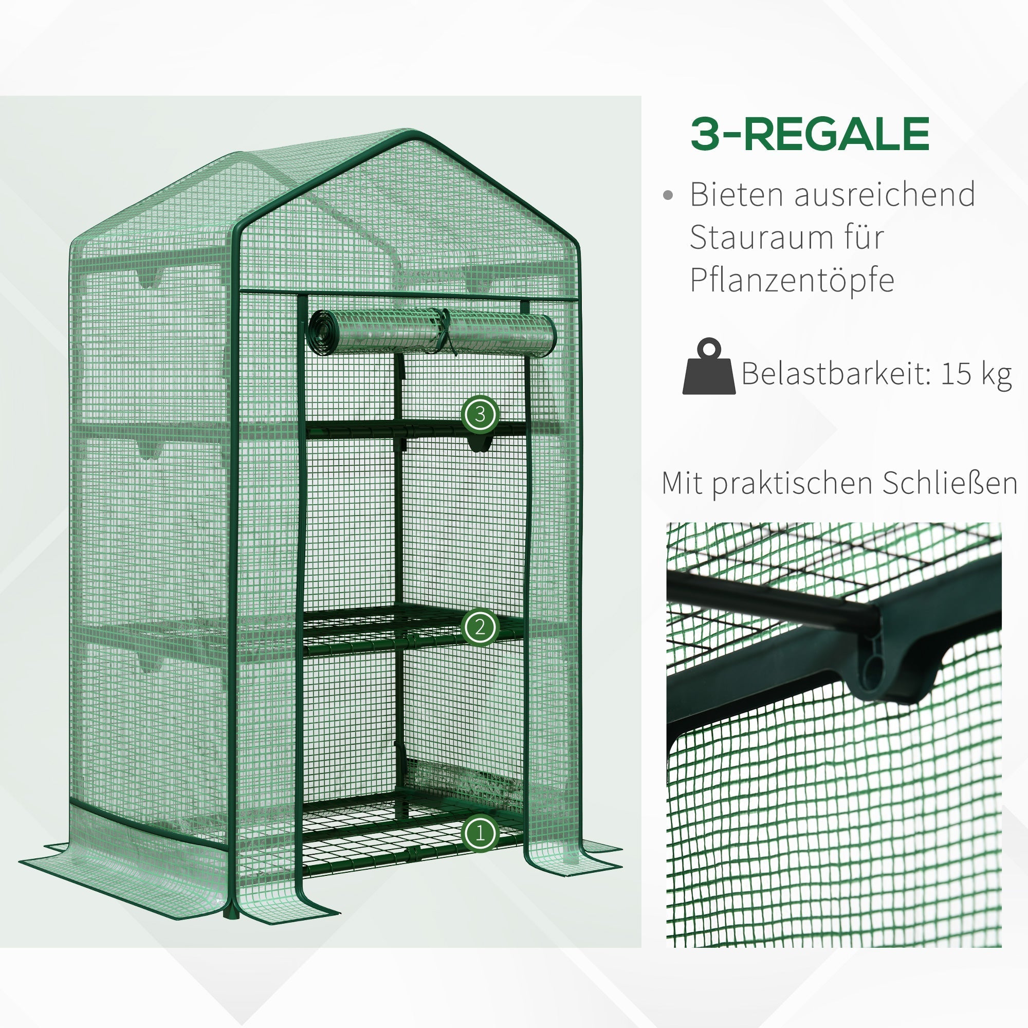 Outsunny Mini Greenhouse with 3 Shelves and Roll-Up Door, 69 x 49 x 125 cm, Green Foil