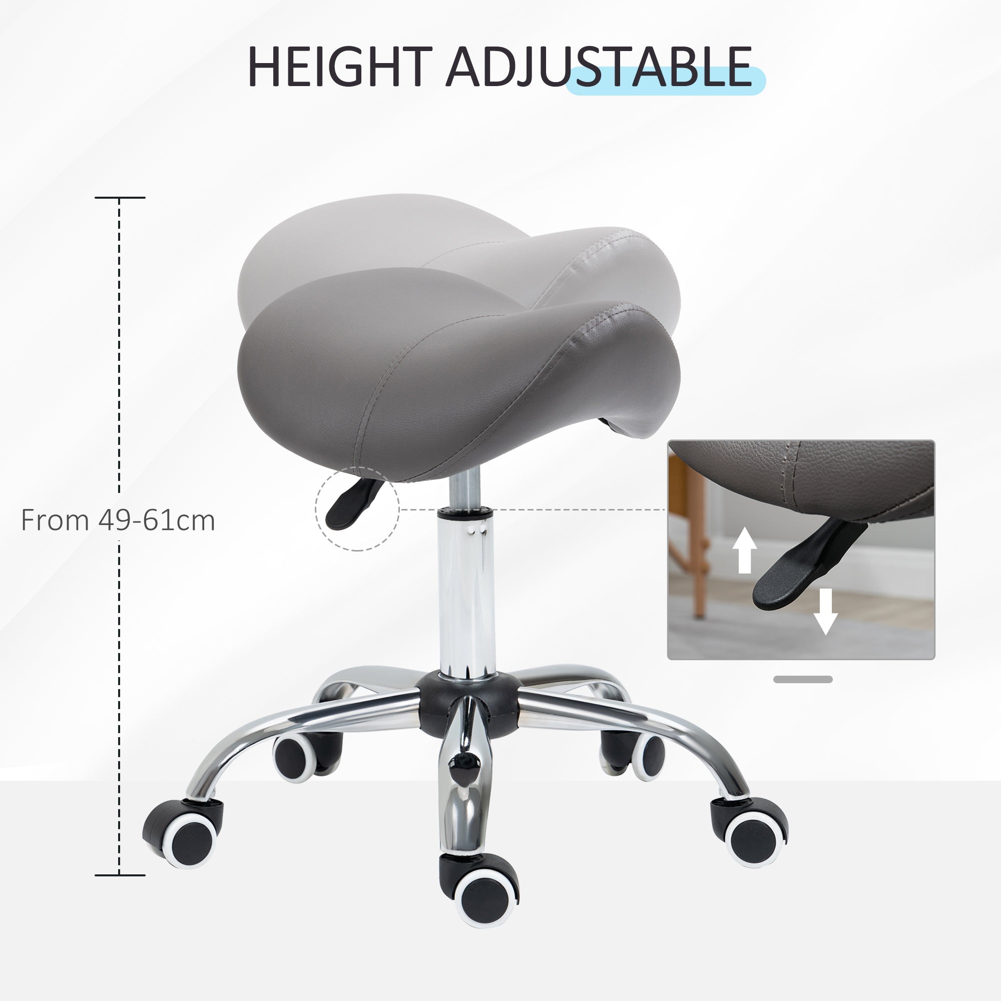 Cosmetic Saddle Stool, 360° Rotate Height Adjustable Rolling, Faux Leather Grey