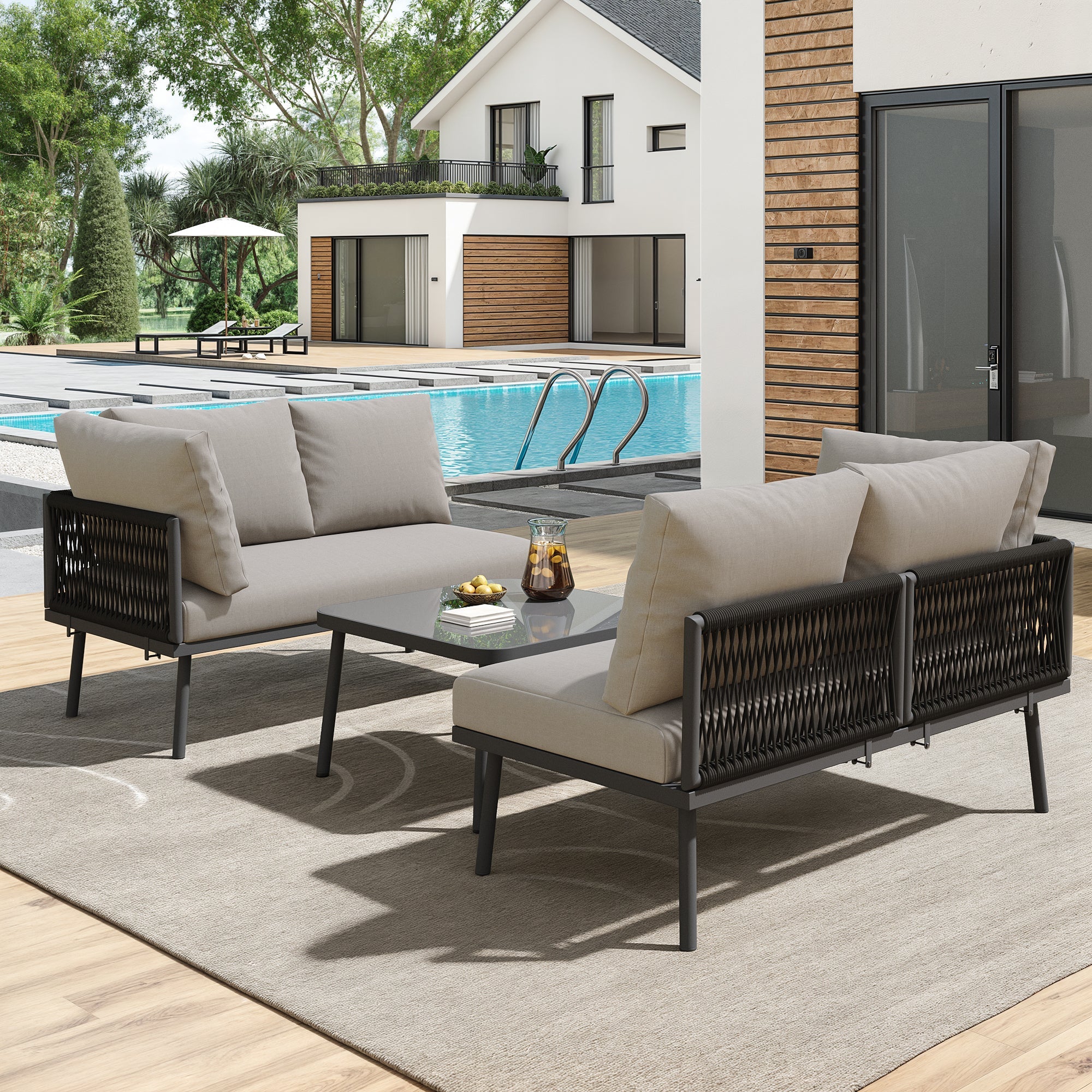 Garden Lounge Set L-Shaped 2 Sofas 1 Table Adjustable Feet Grey Rope/Iron