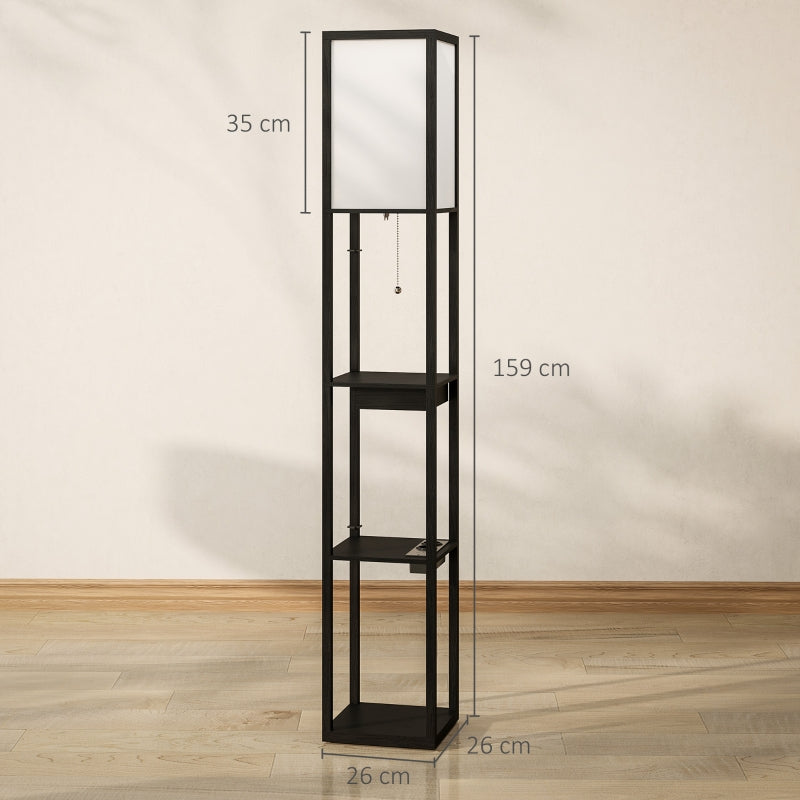 Floor Lamp, 3 Compartments, E27 Socket, Fabric Lampshade, USB-A, USB-C Ports, White+Black