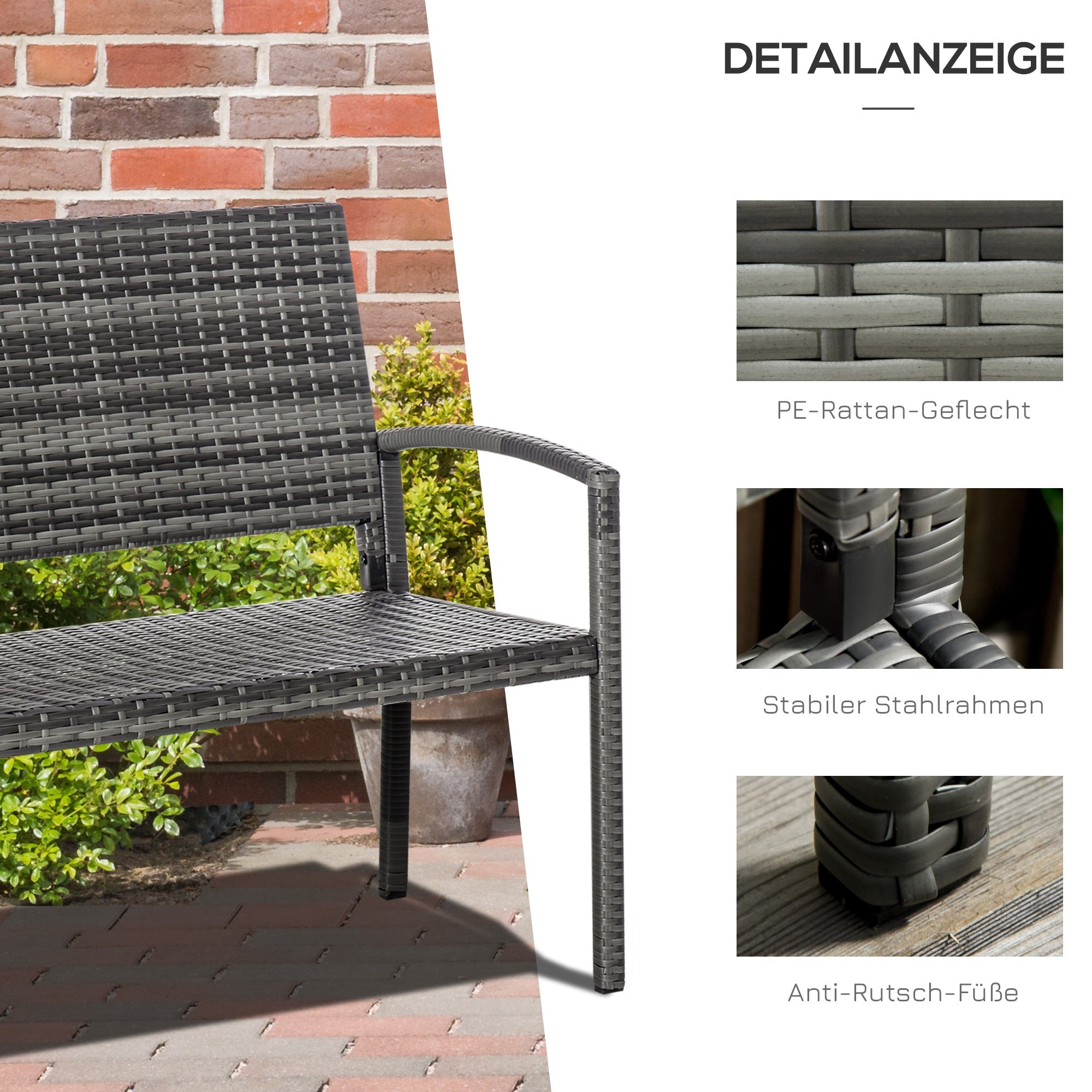 Garden Bench, Rattan Look 2-Seater Steel Frame 320kg Capacity, Grey