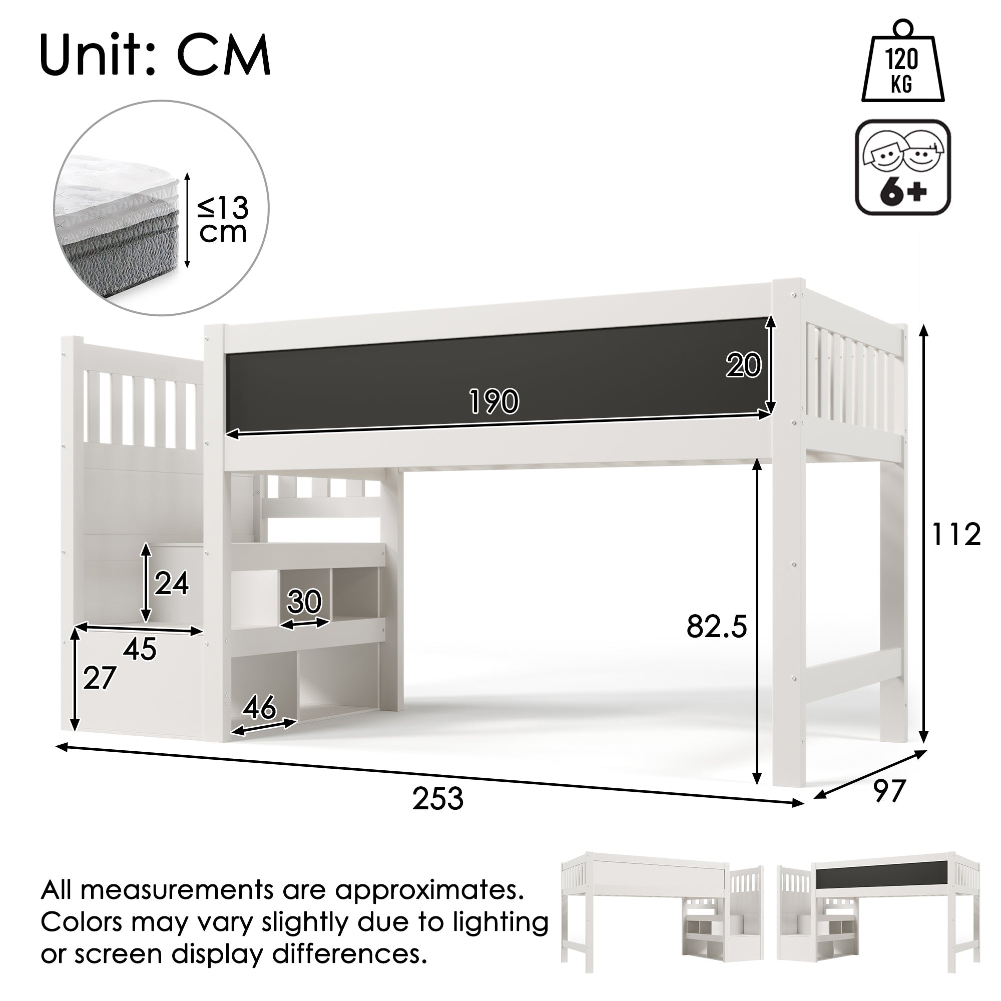 Children's Loft Bed with Whiteboard & Blackboard, Storage, 90 x 200 cm, White