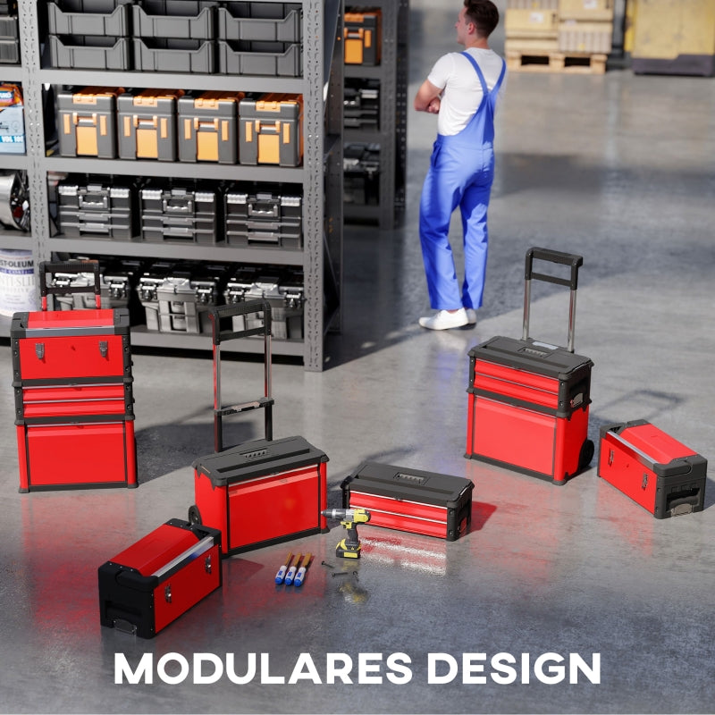 Workshop trolley, 3 modular units, rolling, steel, red