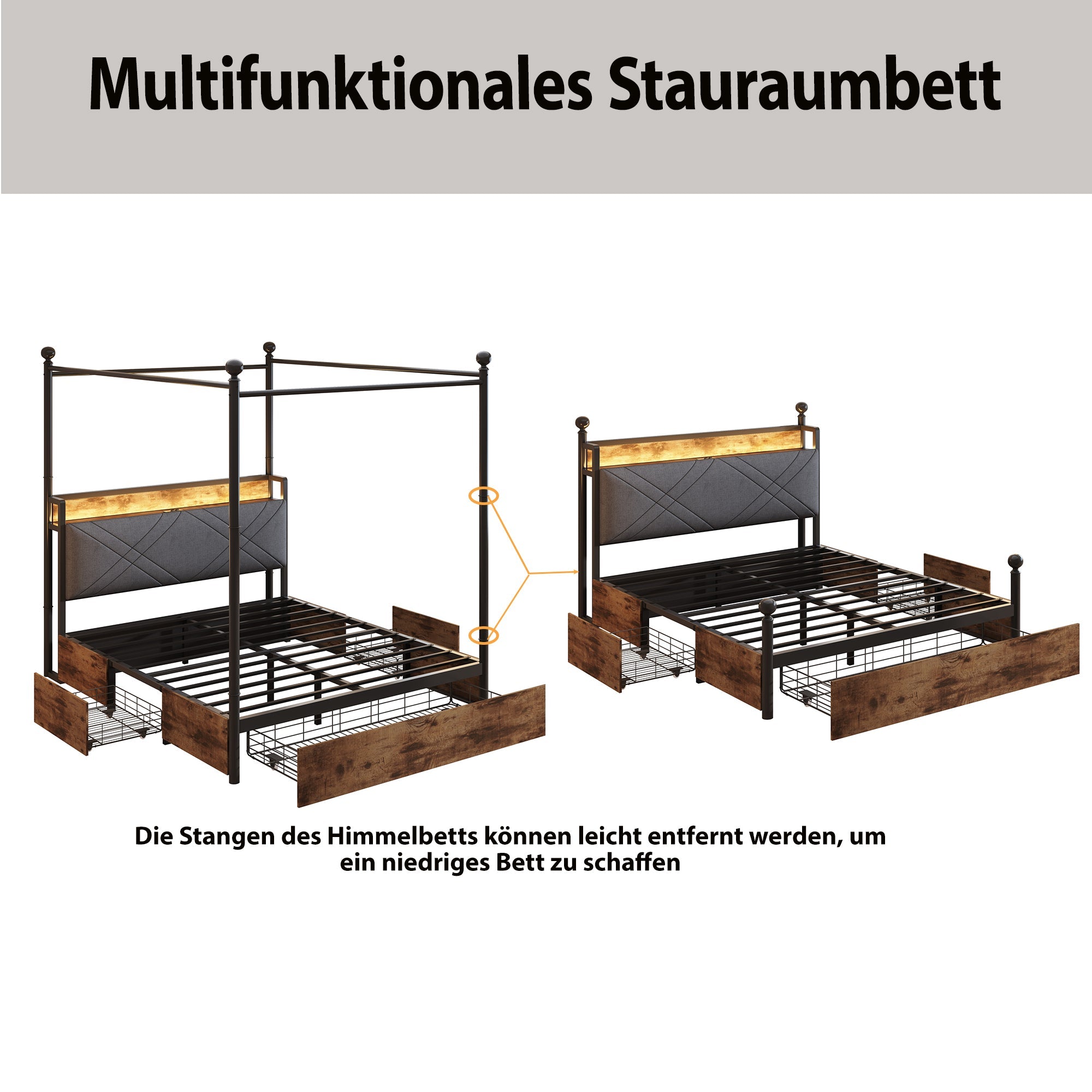 Multifunctional Double Bed 140x190 Storage Canopy LED USB Drawers, Black