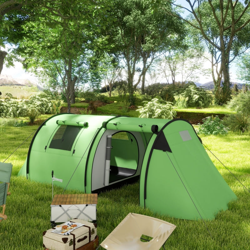 Four Man Duo Room Tunnel Tent, Accessories Included - Green Polyester
