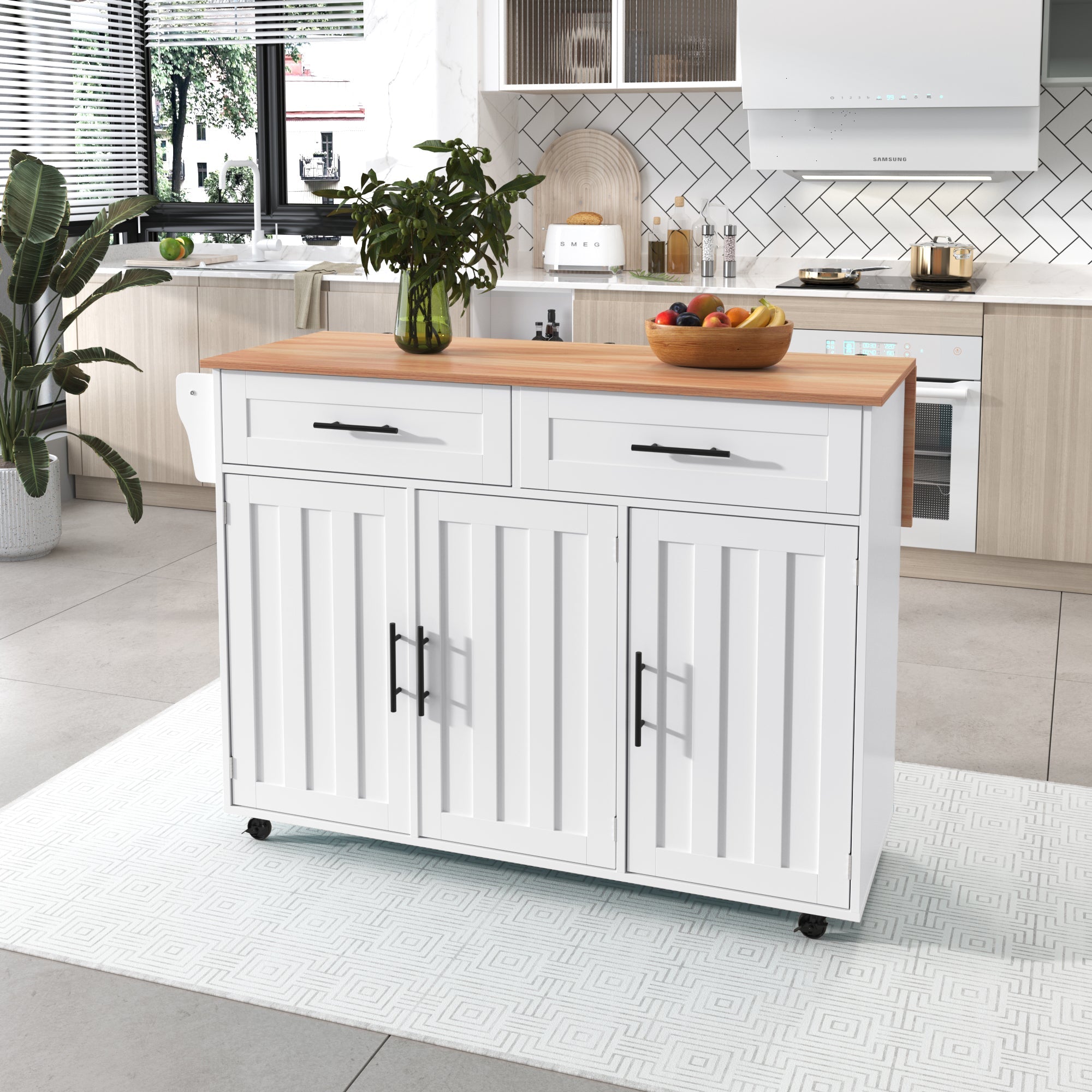 Dining Cart/Sideboard with Folding Worktop and Storage, White Cabinet/Solid Wood
