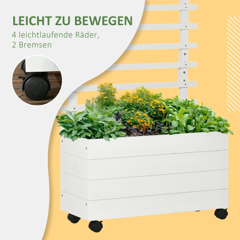 Pflanzkübel mit Rankgitter, Hochbeet mit Rollen, Naturholz Weiß