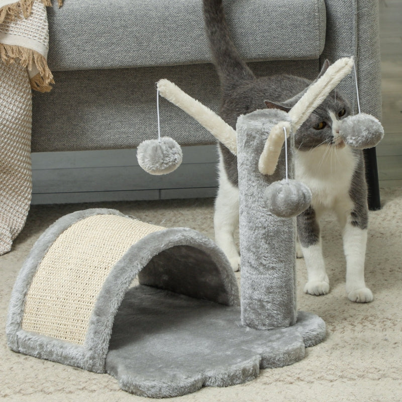 Katzenbaum, kleiner Turm mit Höhle, 2 Spielbälle, Kratzmatte, Hellgrau