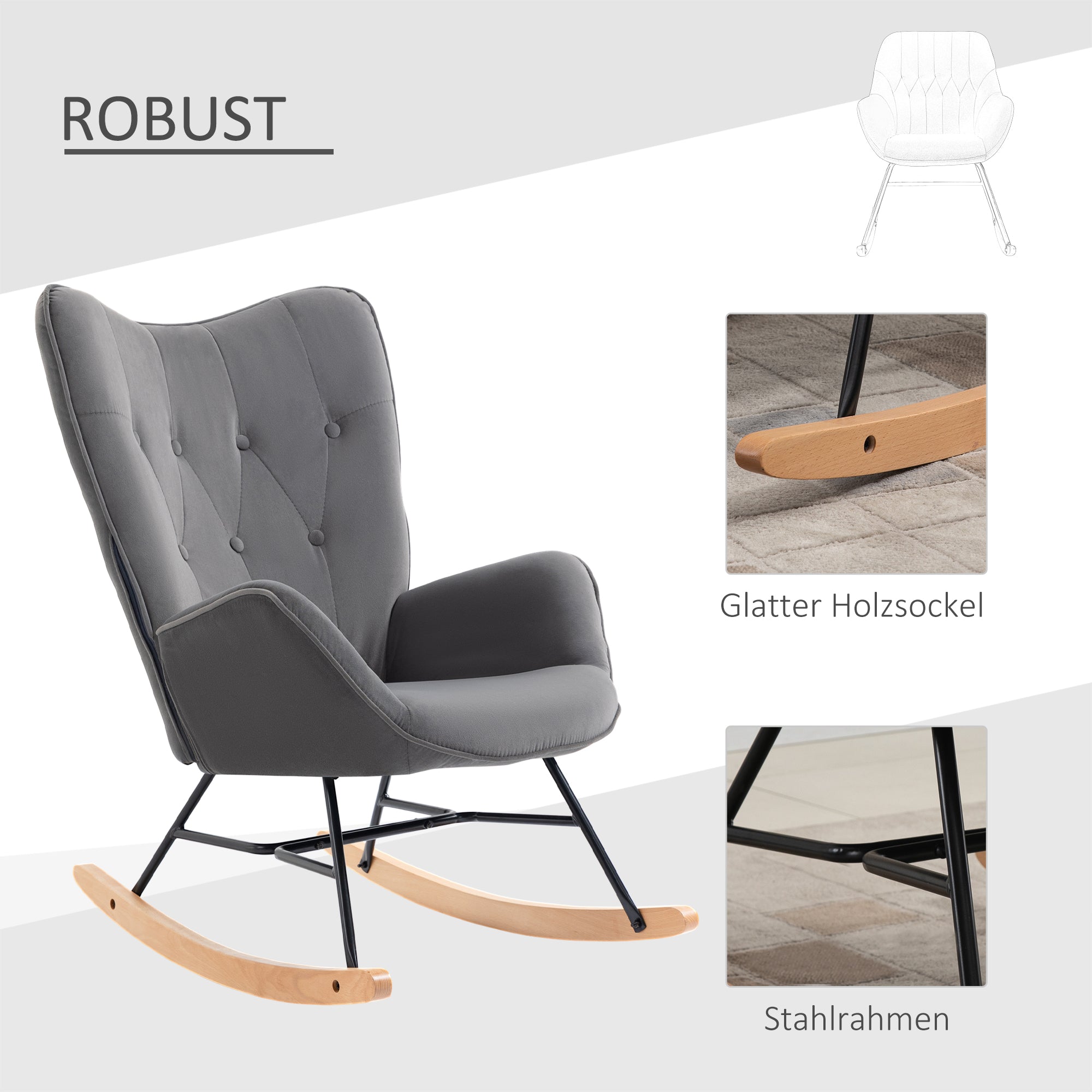 Rocking Chair Upholstered Lounge Steel Frame, Velvety Polyester