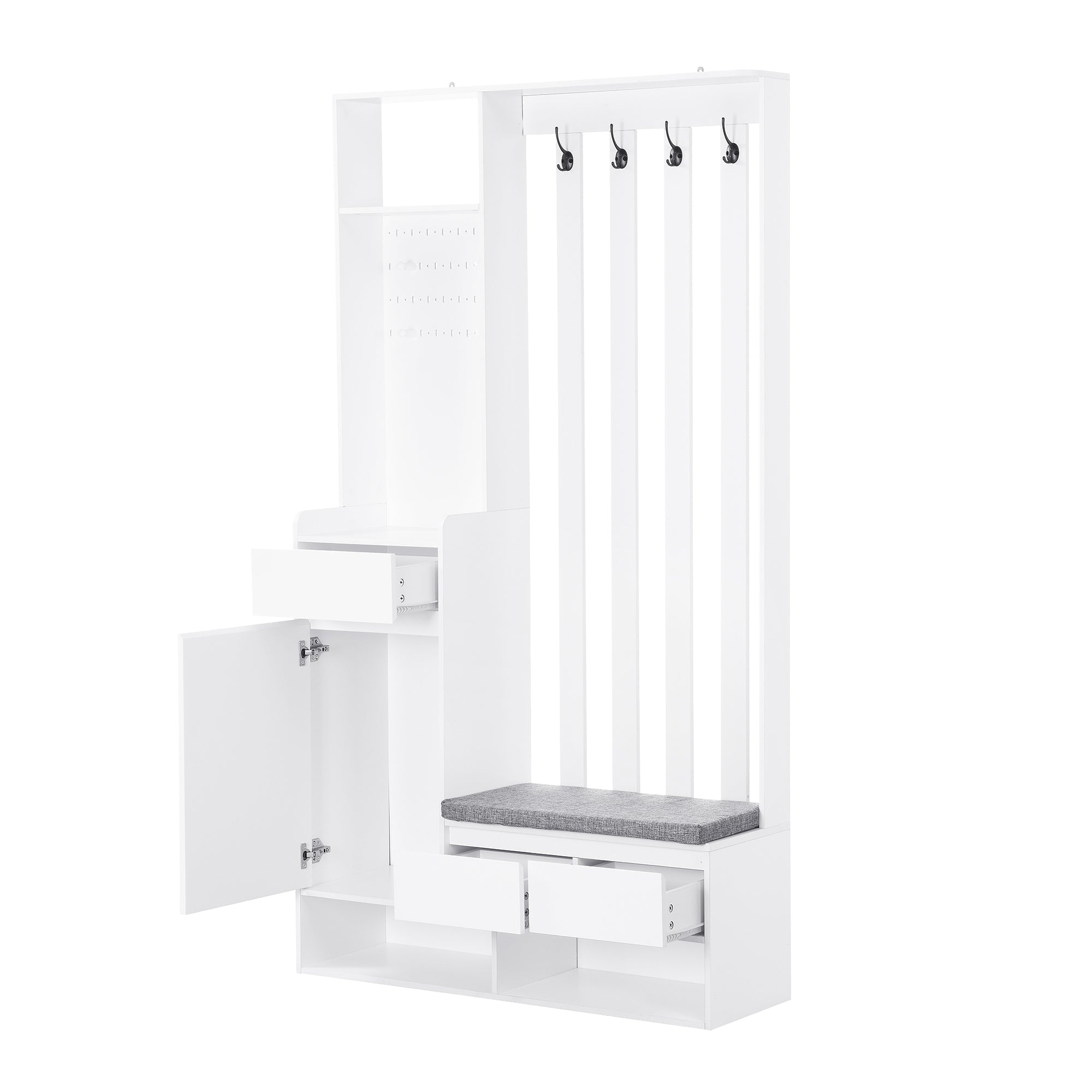 Hallway coat rack with padded storage bench and pegboard, with 4 hooks, white