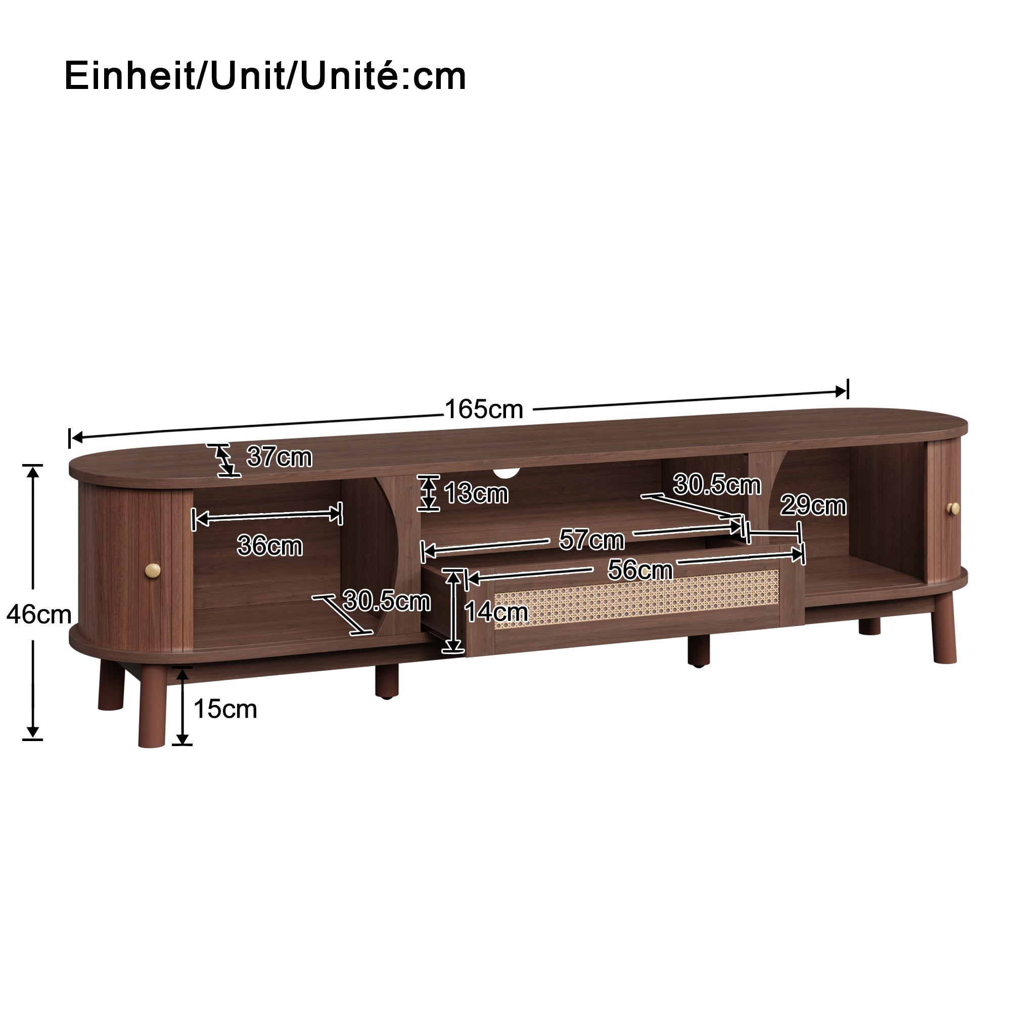 TV Cabinet with Doors and Drawers, Low Storage Solution, Rattan/Solid Wood