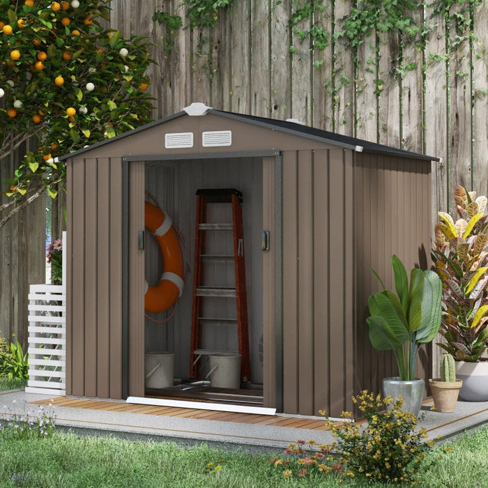 7 x 4ft Garden Shed, Outdoor Storage with Double Doors and Ventilation, Brown Metal