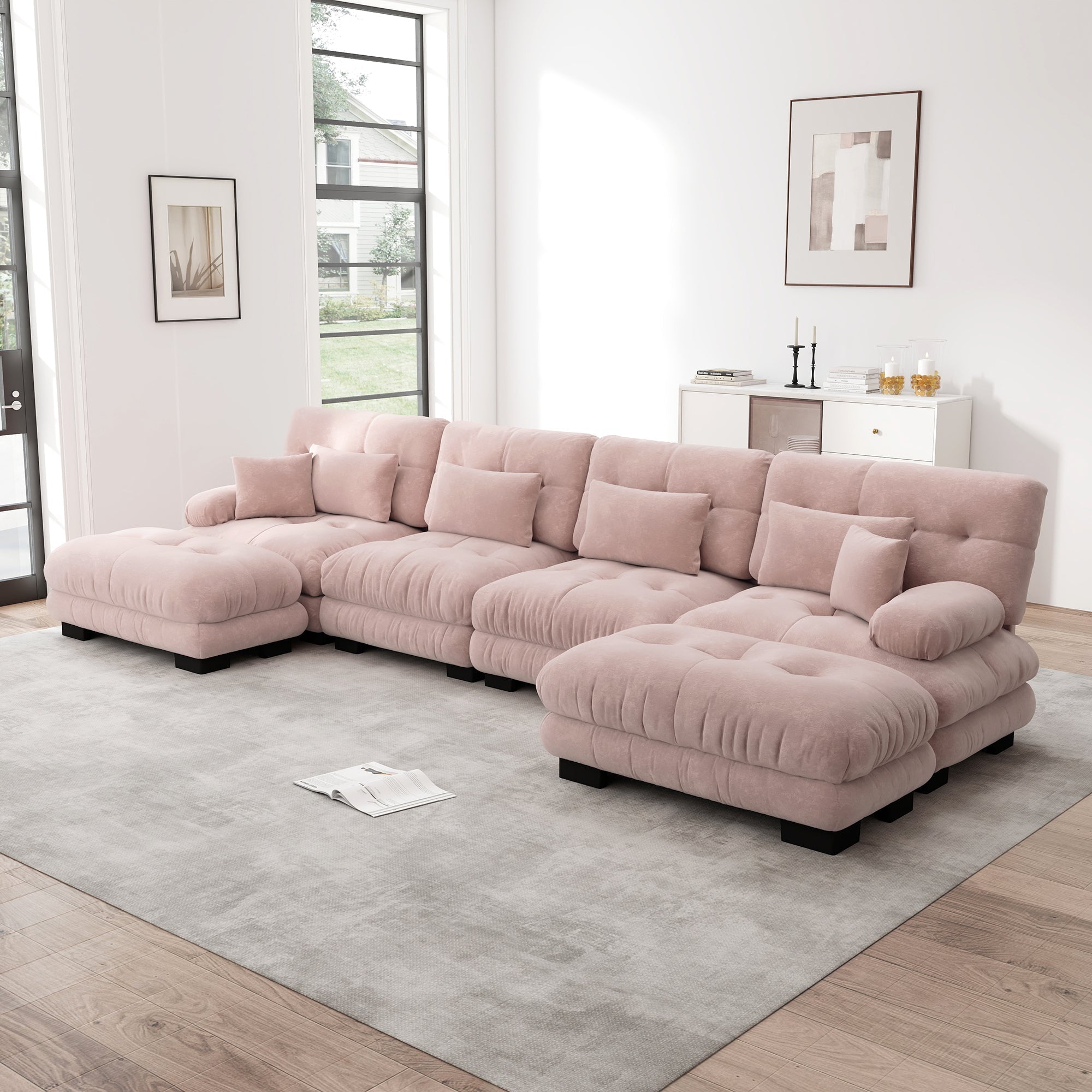 Modular Corner Sofa, U-shaped 4-Seater with Movable Ottoman, Pink Chenille