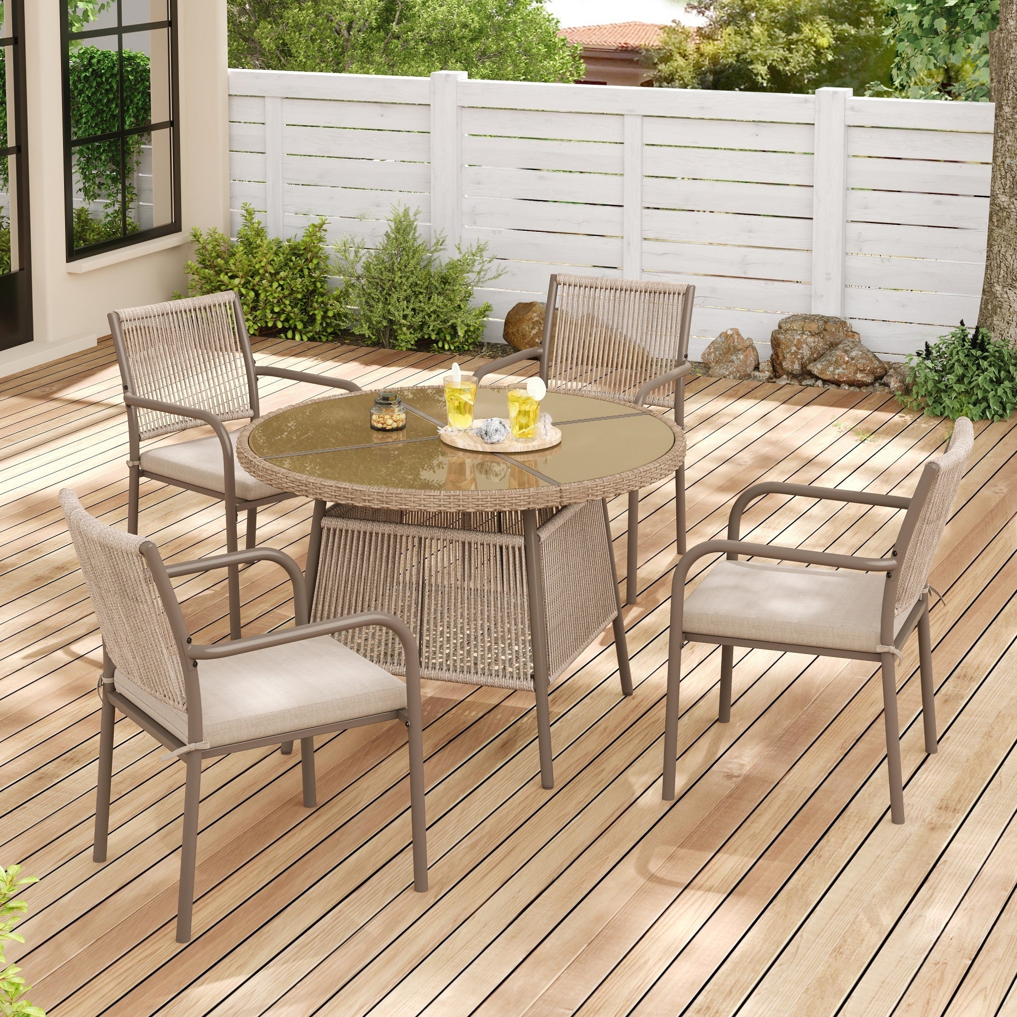 Rattan Garden Set Round Glass Table 4 Armchairs - Iron Frame