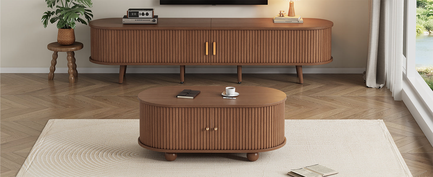 TV Stand and Coffee Table Set, 2 Drawer 2 Sliding Doors for 70 Inch TV, Dark Walnut MDF
