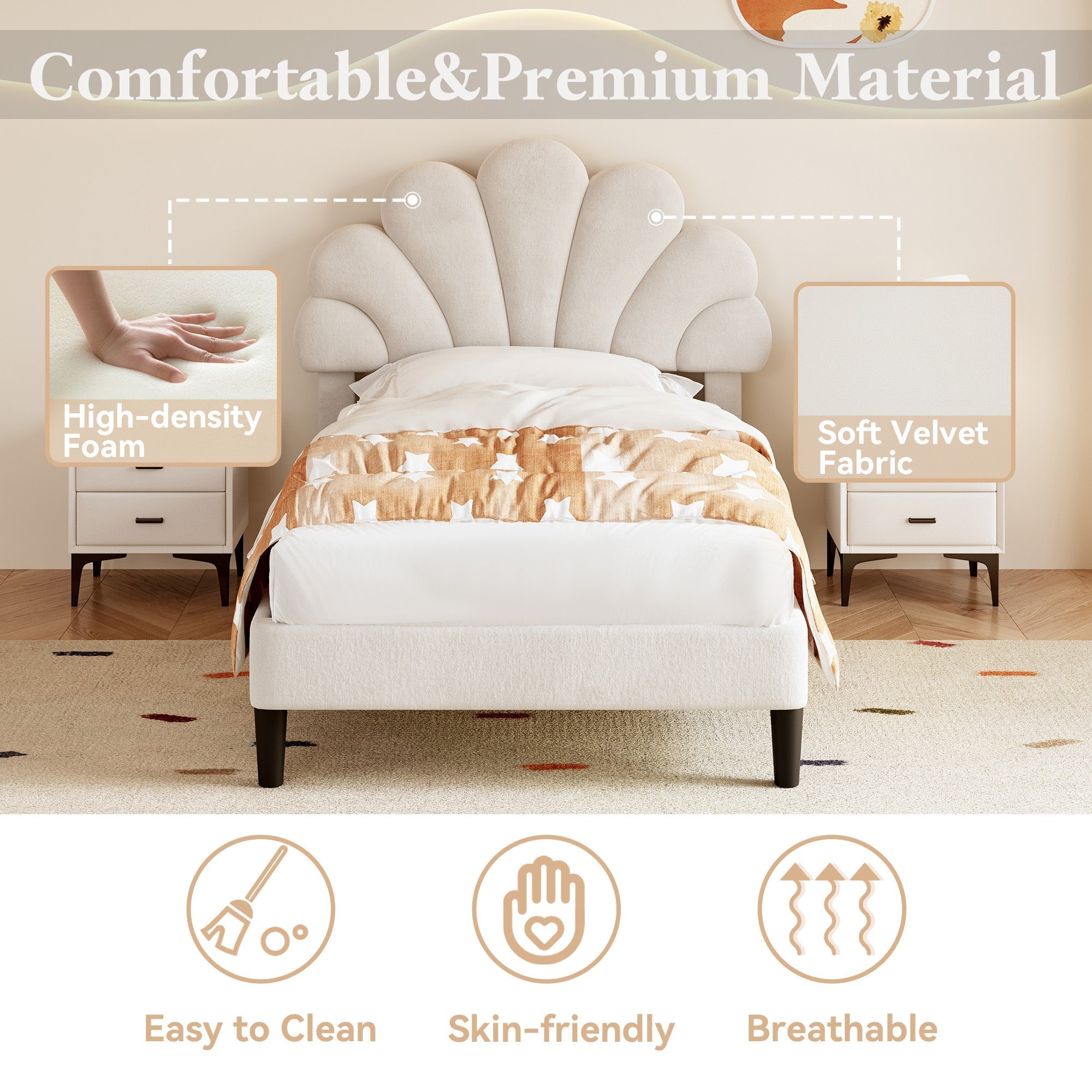 3ft Single Upholstered Velvet Bed Frame with Adjustable Chic Petal Headboard, Beige