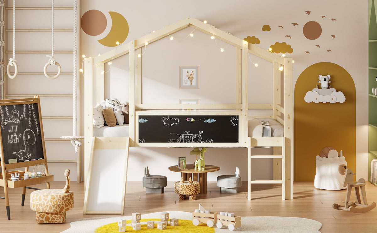 Children's Bed 90x200cm Attic Design Slide Graffiti Board Solid Wood/Wood Color