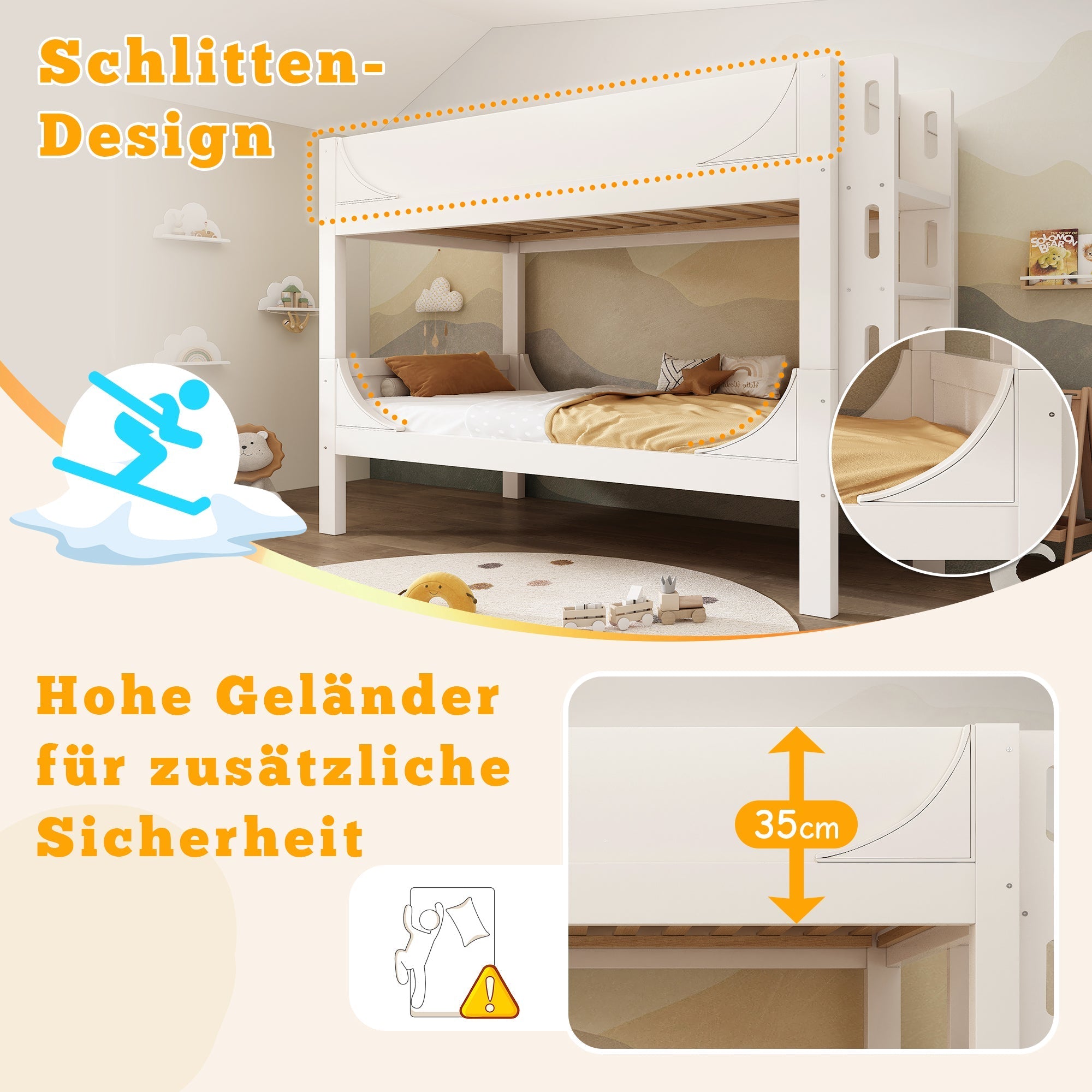 Separable Bunk Bed 90x200cm, Converts to 2 Single Beds, Sled Design, White