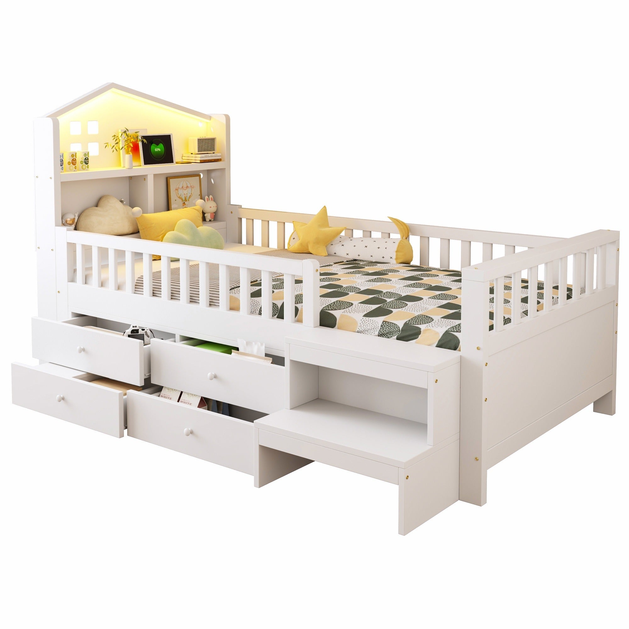 Children's Single Bed with 4 Storage Drawers, LED Lights, USB and Type-C Charging Ports, 90x200cm, White Solid Wood