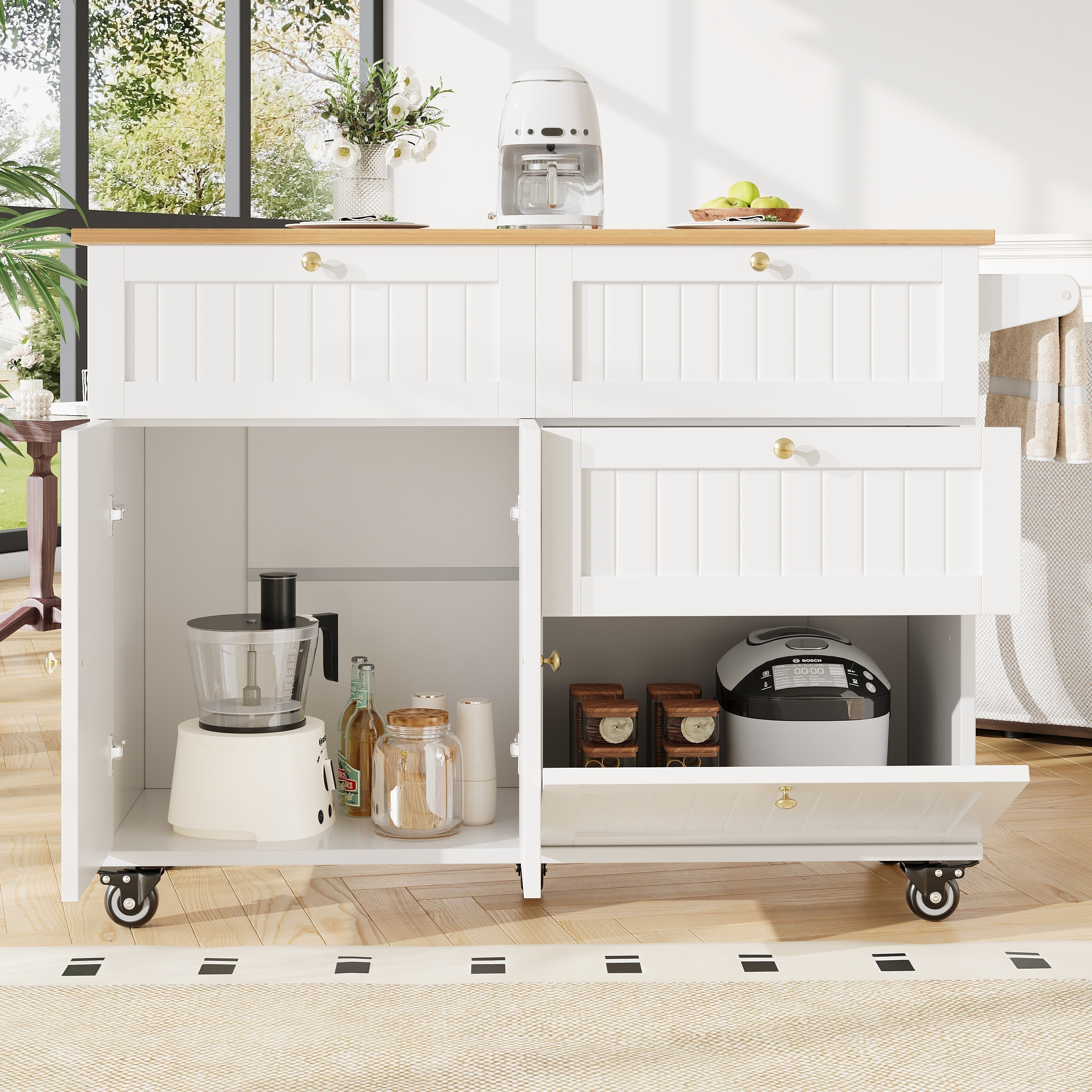 Modern Kitchen Island Extendable Dining Table Storage & Mobile - White