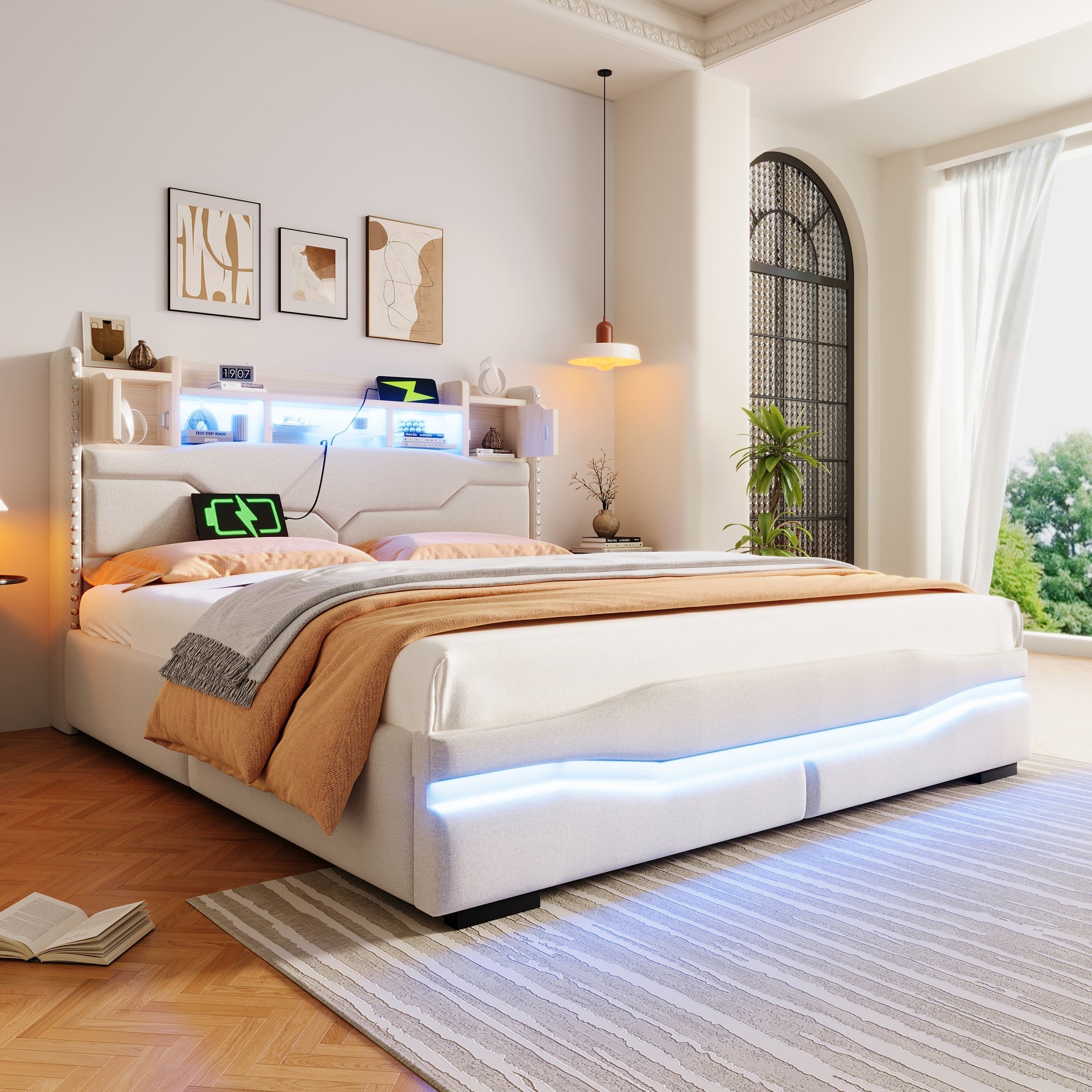 Upholstered Bed 160x200cm Hydraulic Storage Headboard with USB-C & LED Lights Beige