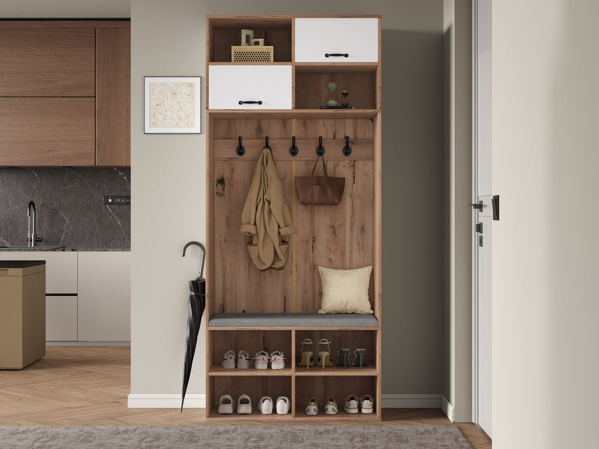 Wardrobe Set Hallway Bench 5 Hooks 2 Doors 6 Storage 80x185x35cm, Natural Wood/White