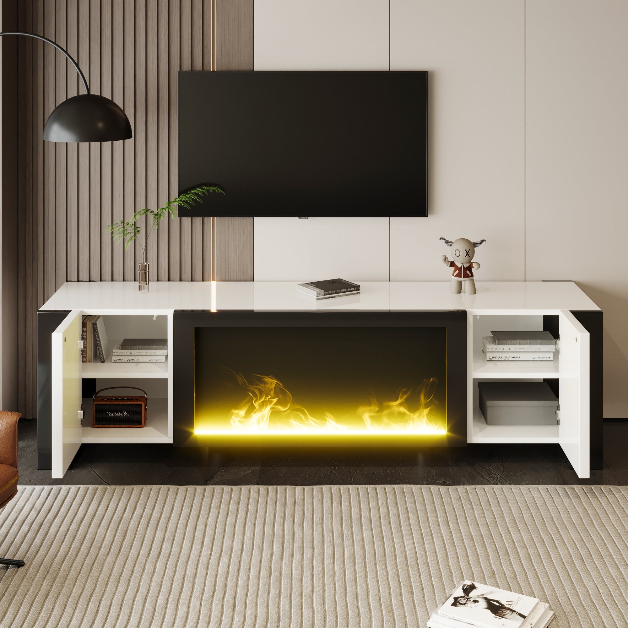TV Cabinet, Lowboard Electric Fireplace High Gloss, White and Black