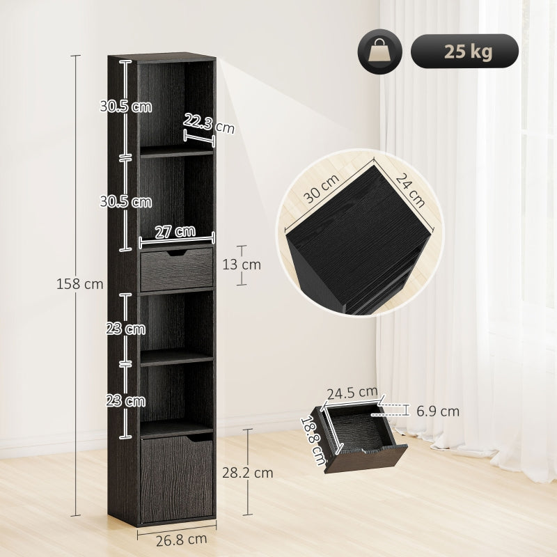 6-Tier Bookcase Narrow Shelves with Drawer and Door - Black