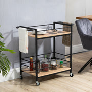 Serving Trolley, 2 Levels with Handle, Casters, Brakes, Wood