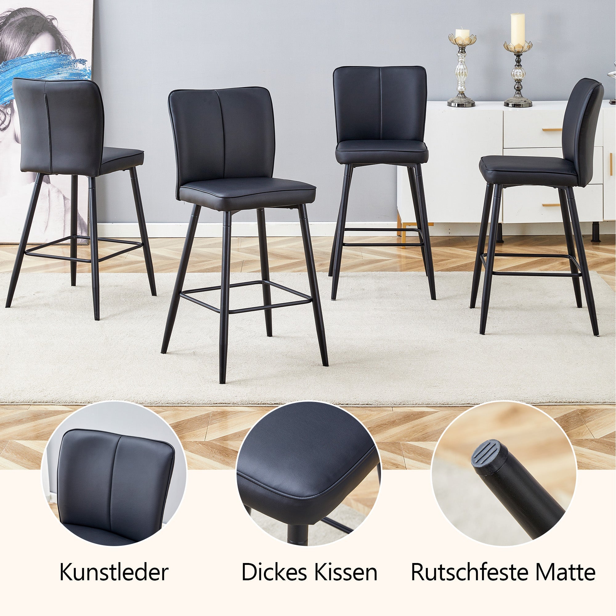 Bar Stools 2-Piece Set 101cm High Ergonomic Backrest Black PU