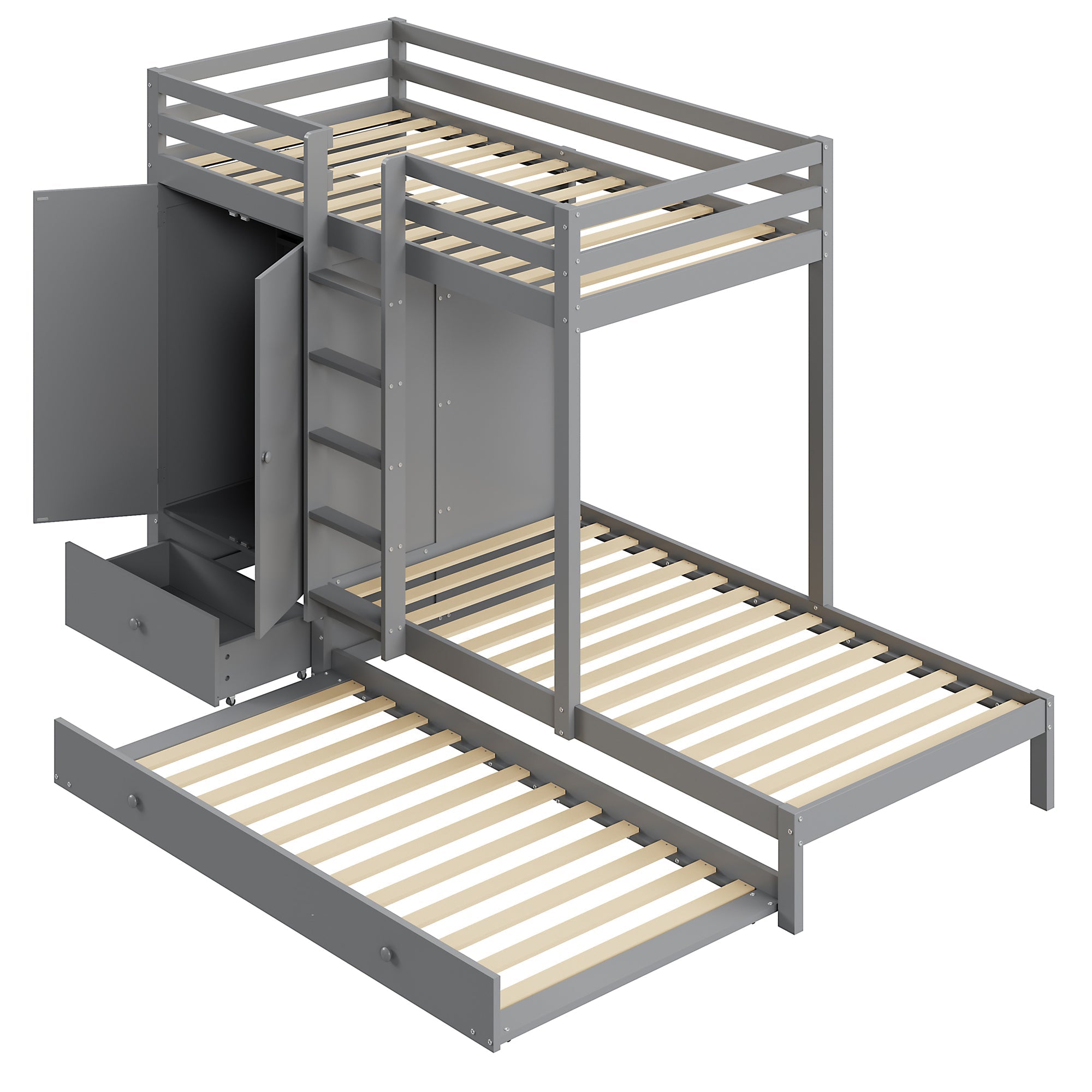 Bunk Bed, 90x200 Pull-Out, Multifunctional with Wardrobe, Drawers & Storage, Solid Wood Grey