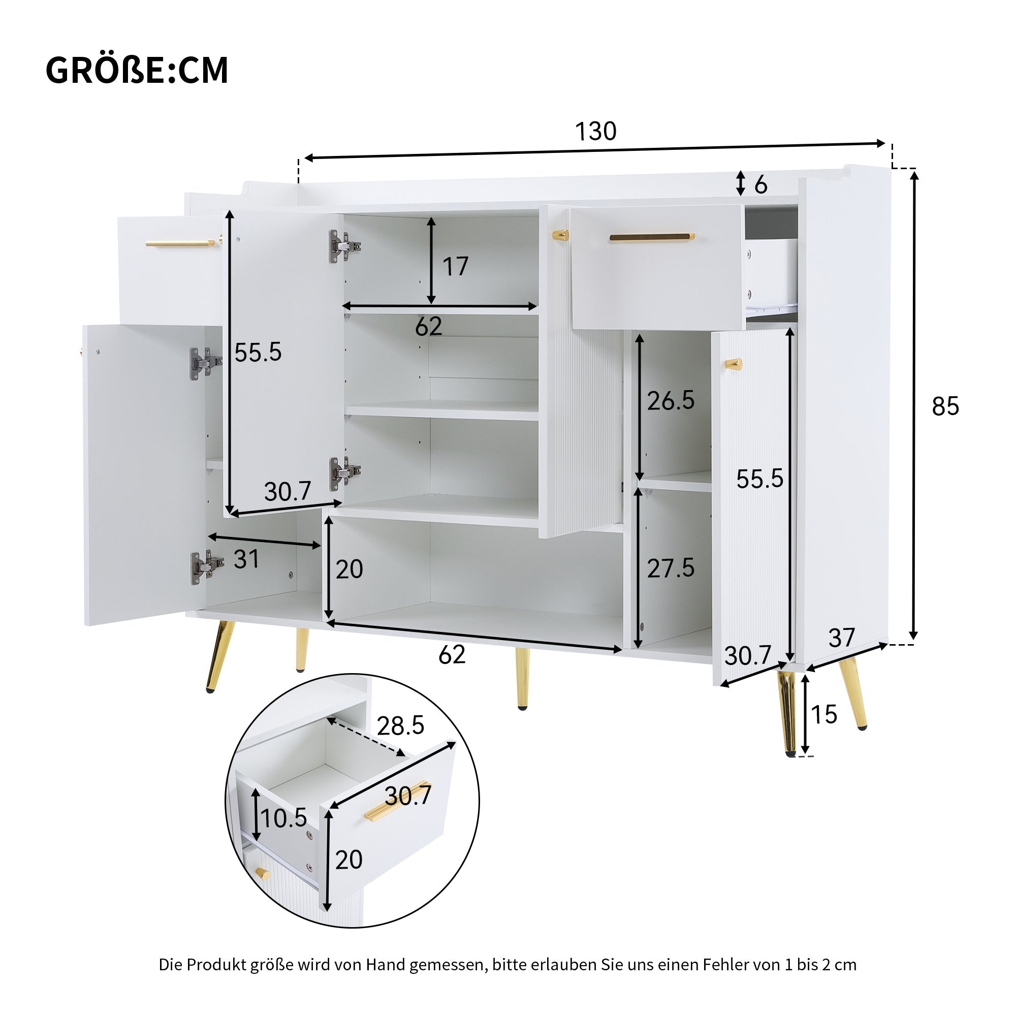 Shoe cabinet, shoe rack with 2 drawers and 4 doors, metal feet, white