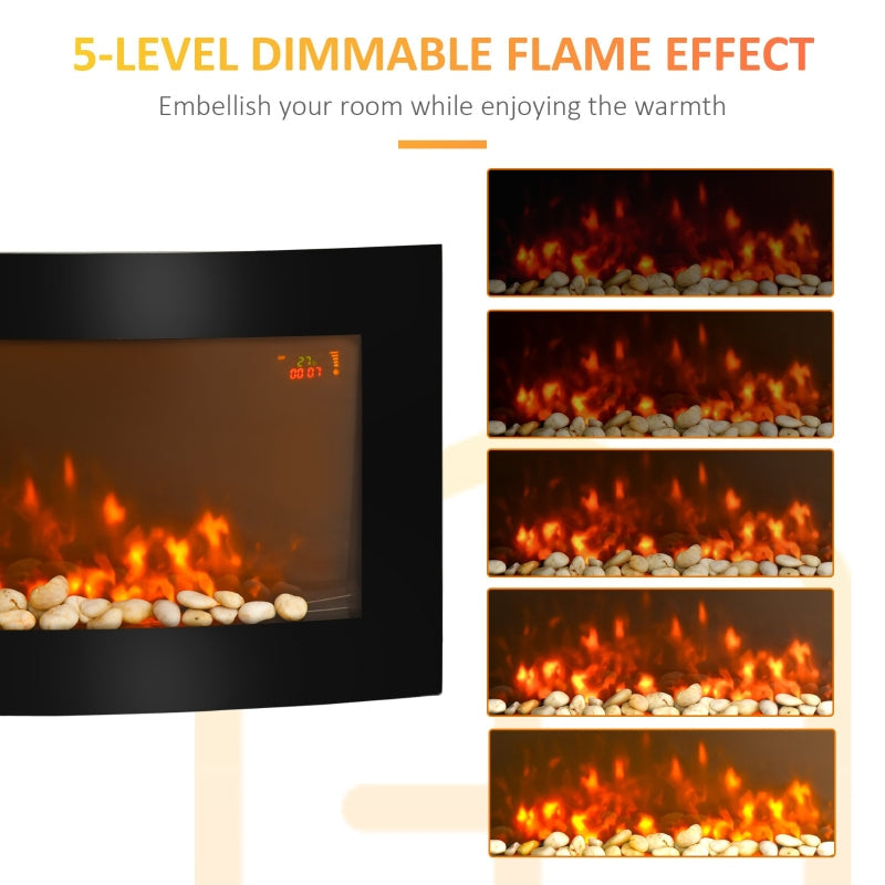 Led Wall Mounted Fireplace, Curved Glass Slimline 1000/2000W 7 Colour Side Lights, Electric Fire Place