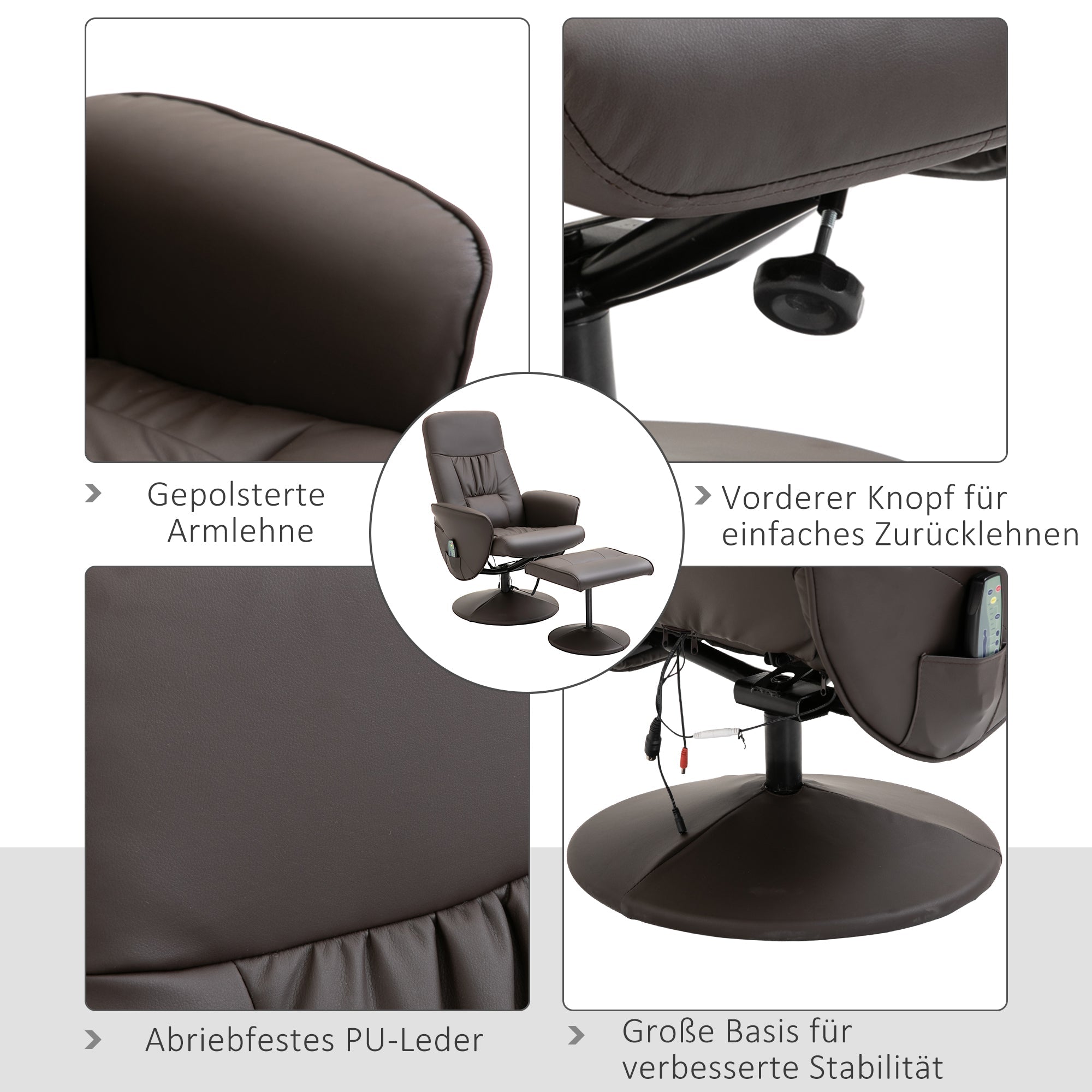 TV Armchair 2-piece Reclining 360° Swivel 10 Massage Points, Faux Leather Brown