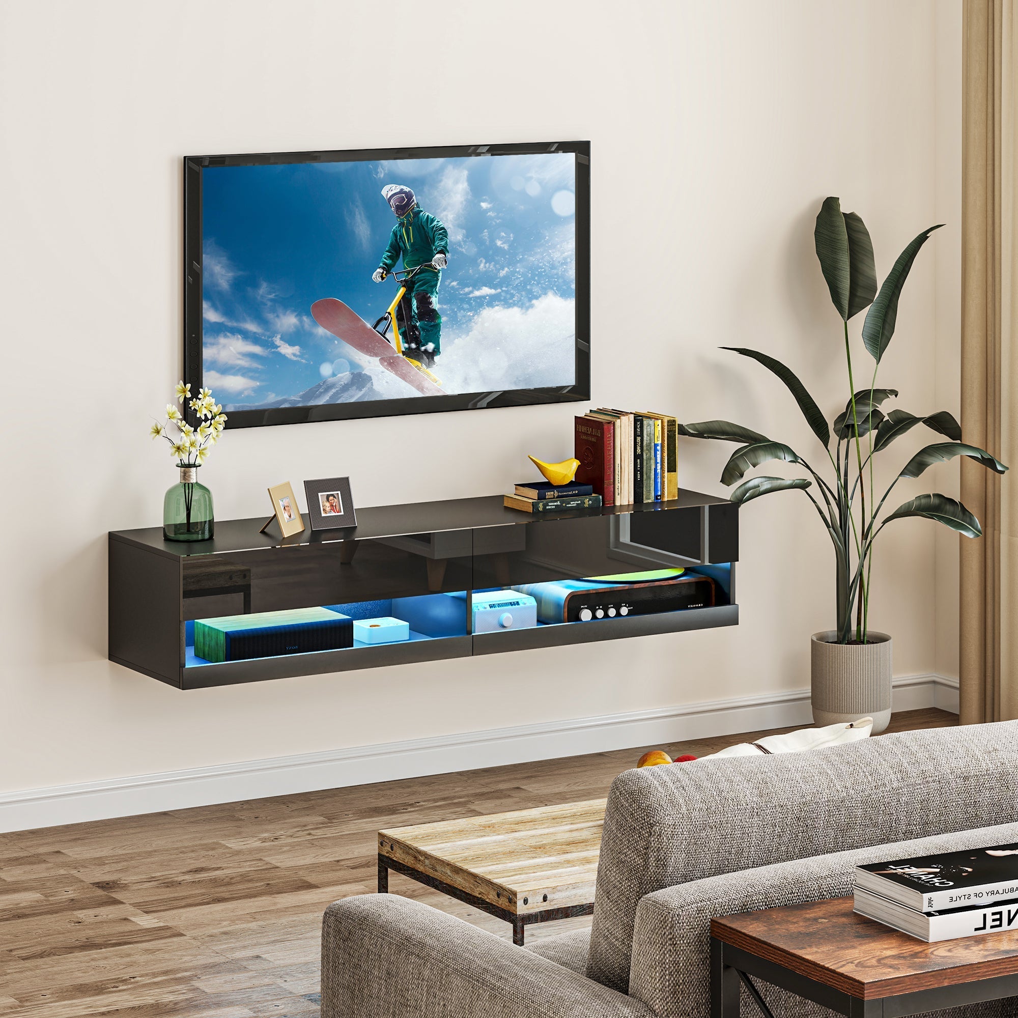 Floating TV Unit Wall Mounted Cabinet for TVs up to 65" with LED Lights, Black