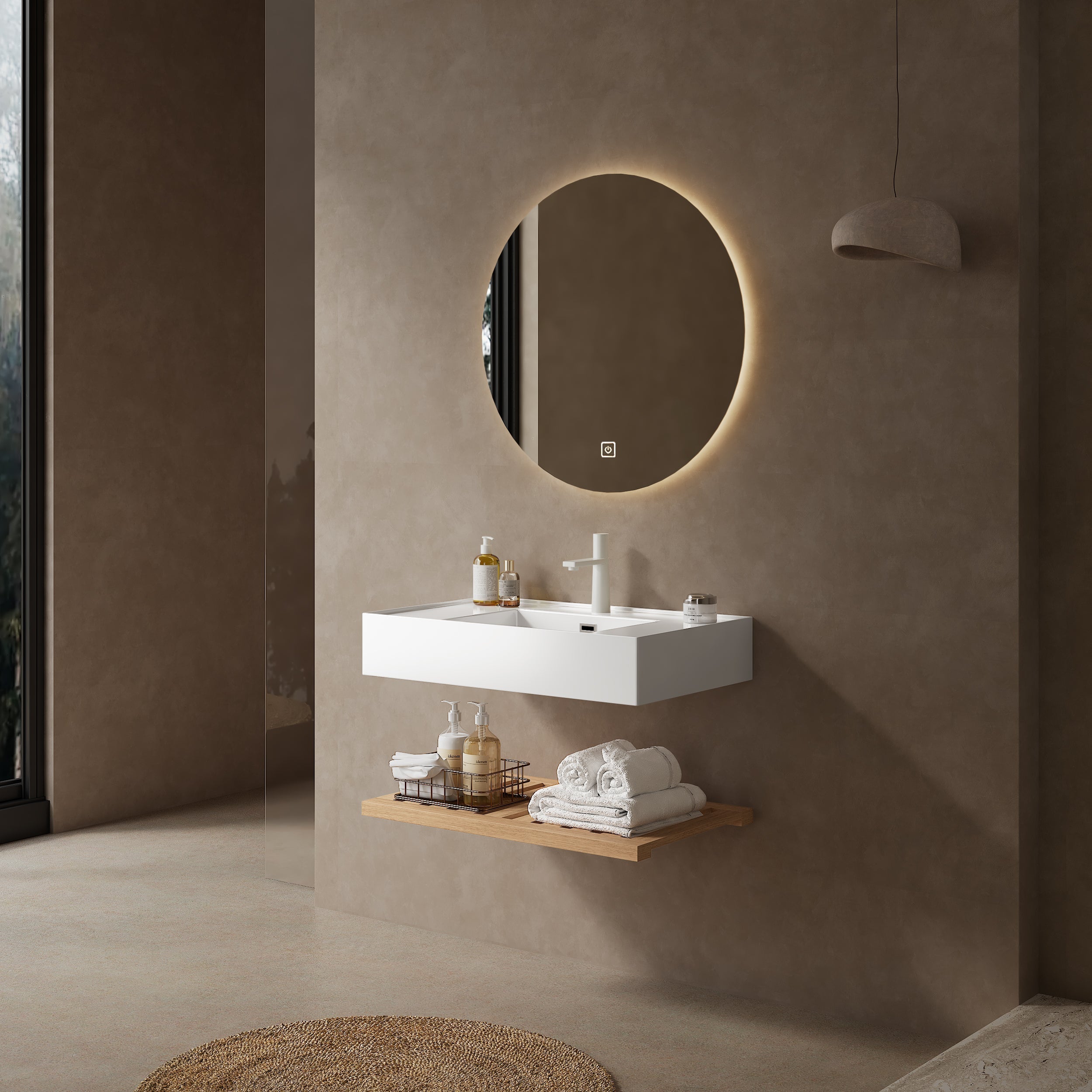 Bathroom Vanity Unit with Wall-Hung Acrylic Basin and Striped Shelf, 75cm, Natural Wood Grain