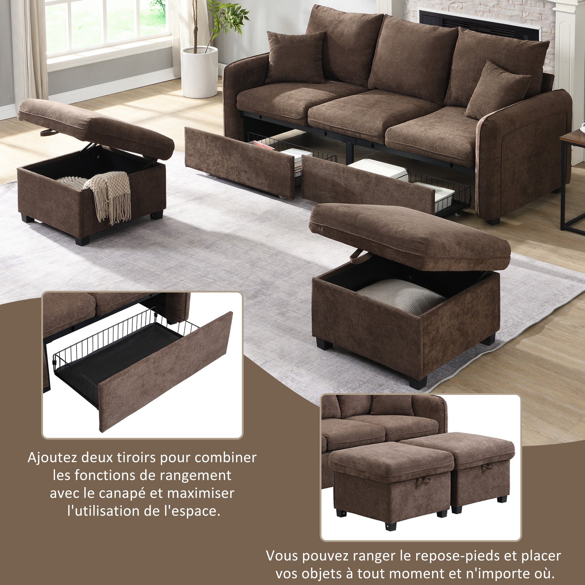 Multifunctional Corner Sofa, U-Shaped Three-Seater, Storage, Drawers & Ottoman, Sleeping Function, Chenille