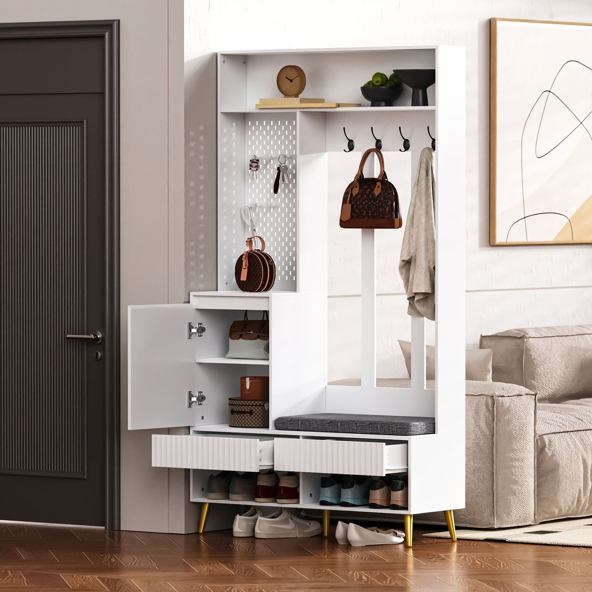 Wardrobe set, hallway with shoe bench, 4 coat hooks, two drawers and 1 door, white