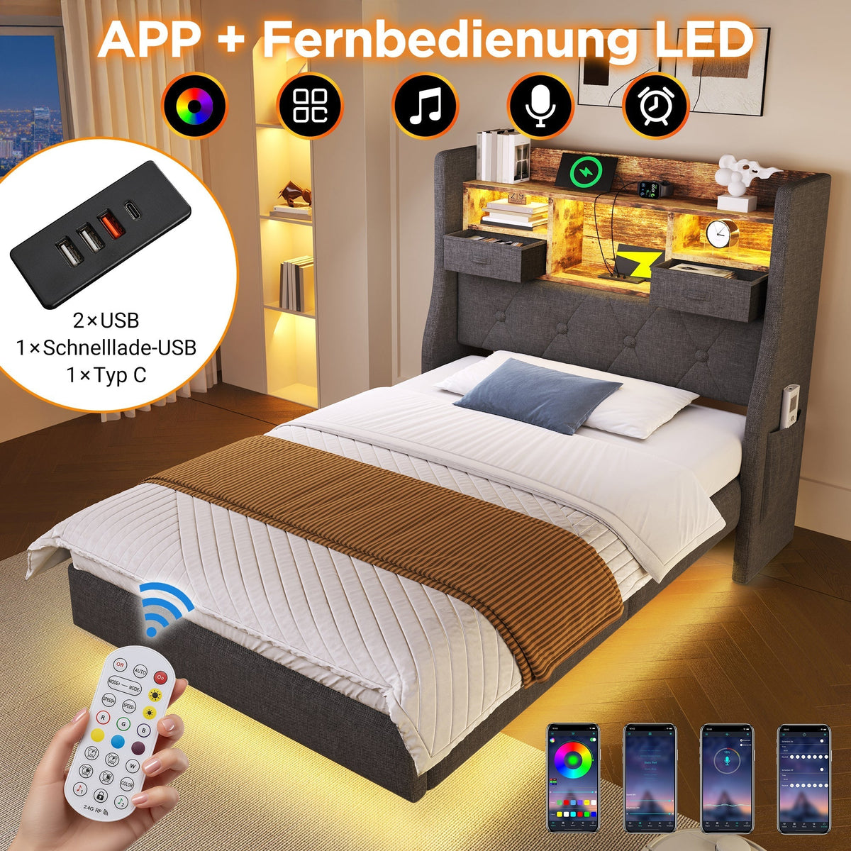 Upholstered Single Bed 90x200cm Floating Design LED Charging Station Storage, Linen Grey