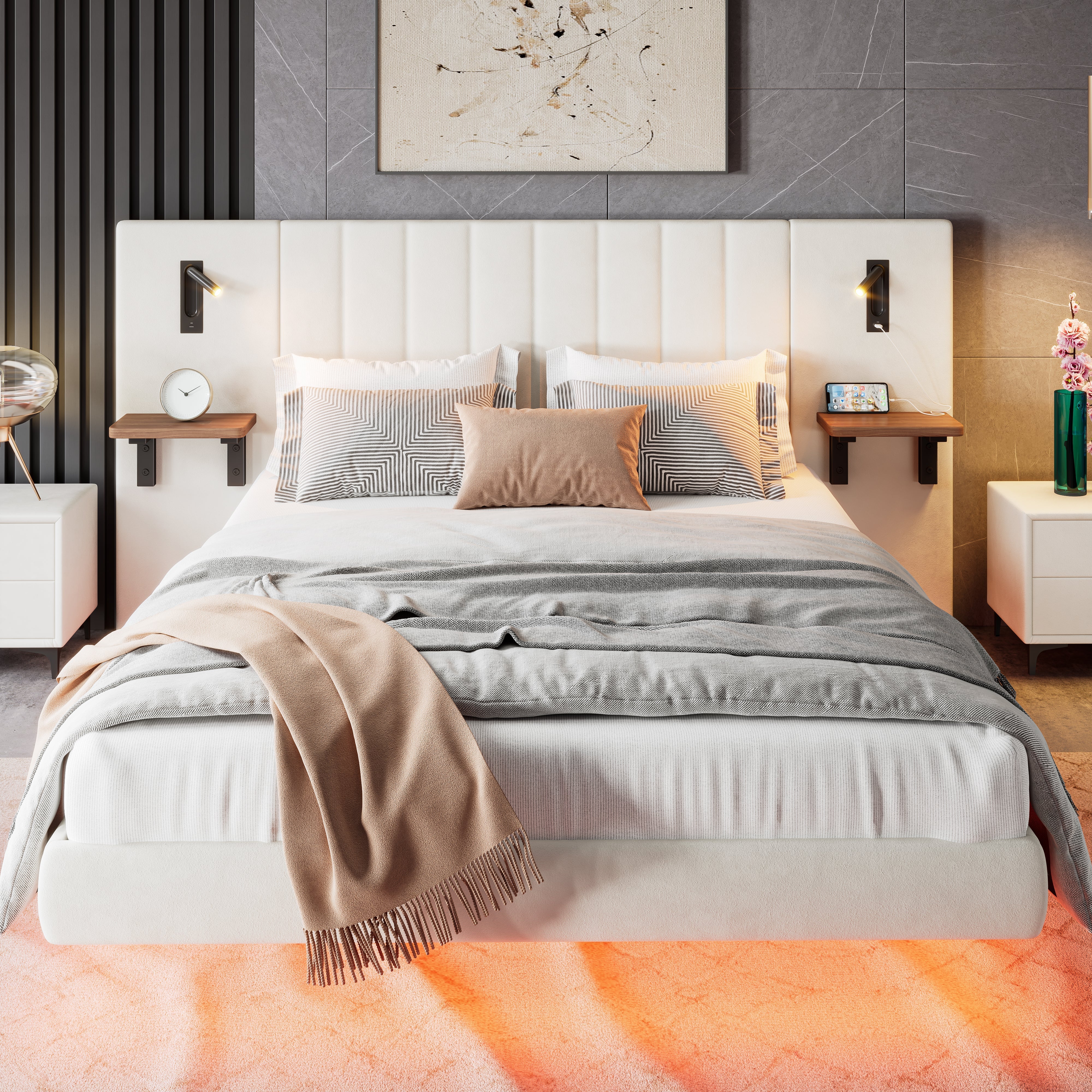 Upholstered King Bed 150x200cm, with Bedside Lamps & Charging Socket, Velvet and Iron, White
